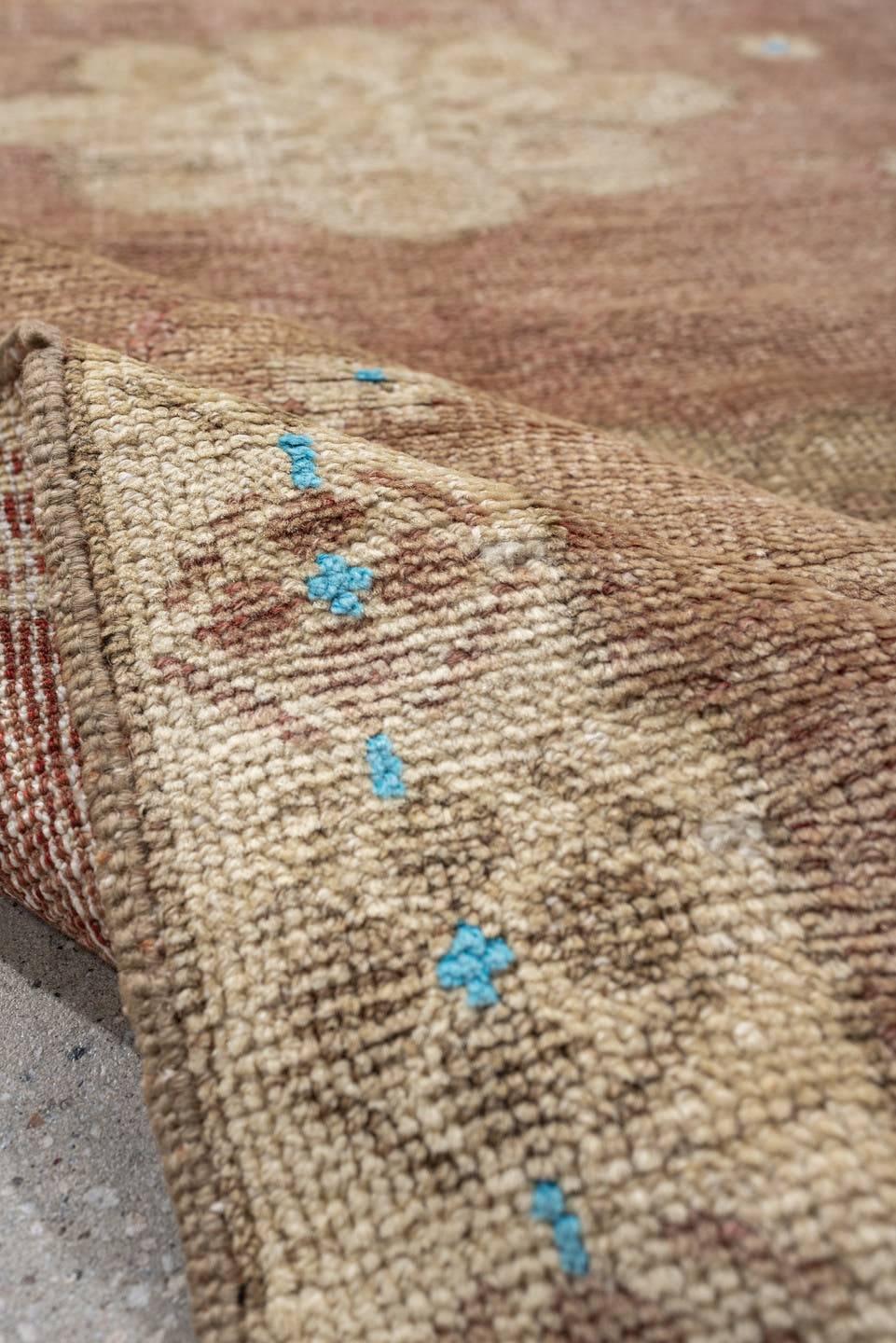 3' x 5' one-of-a-kind handmade vintage Oushak small size rug. Color palette: rose, ivory, taupe, sky_blue, terracotta, camel
