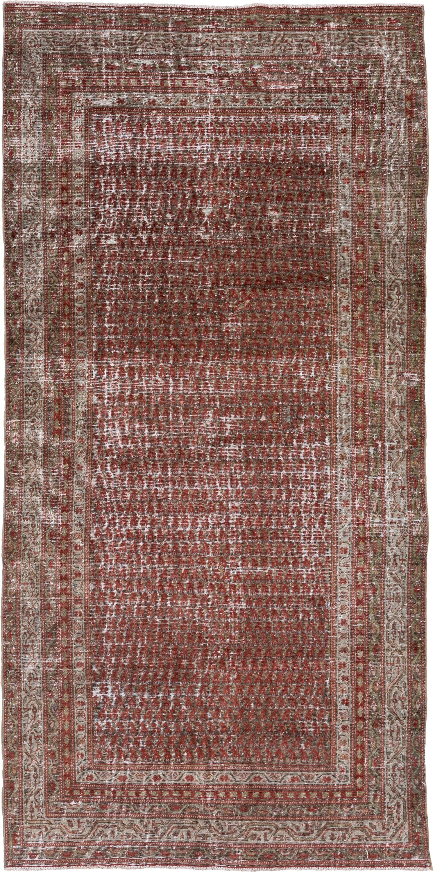 4' x 9' one-of-a-kind handmade vintage Malayer runner rug. Color palette: rust, ivory, taupe, sage, terra cotta, terracotta