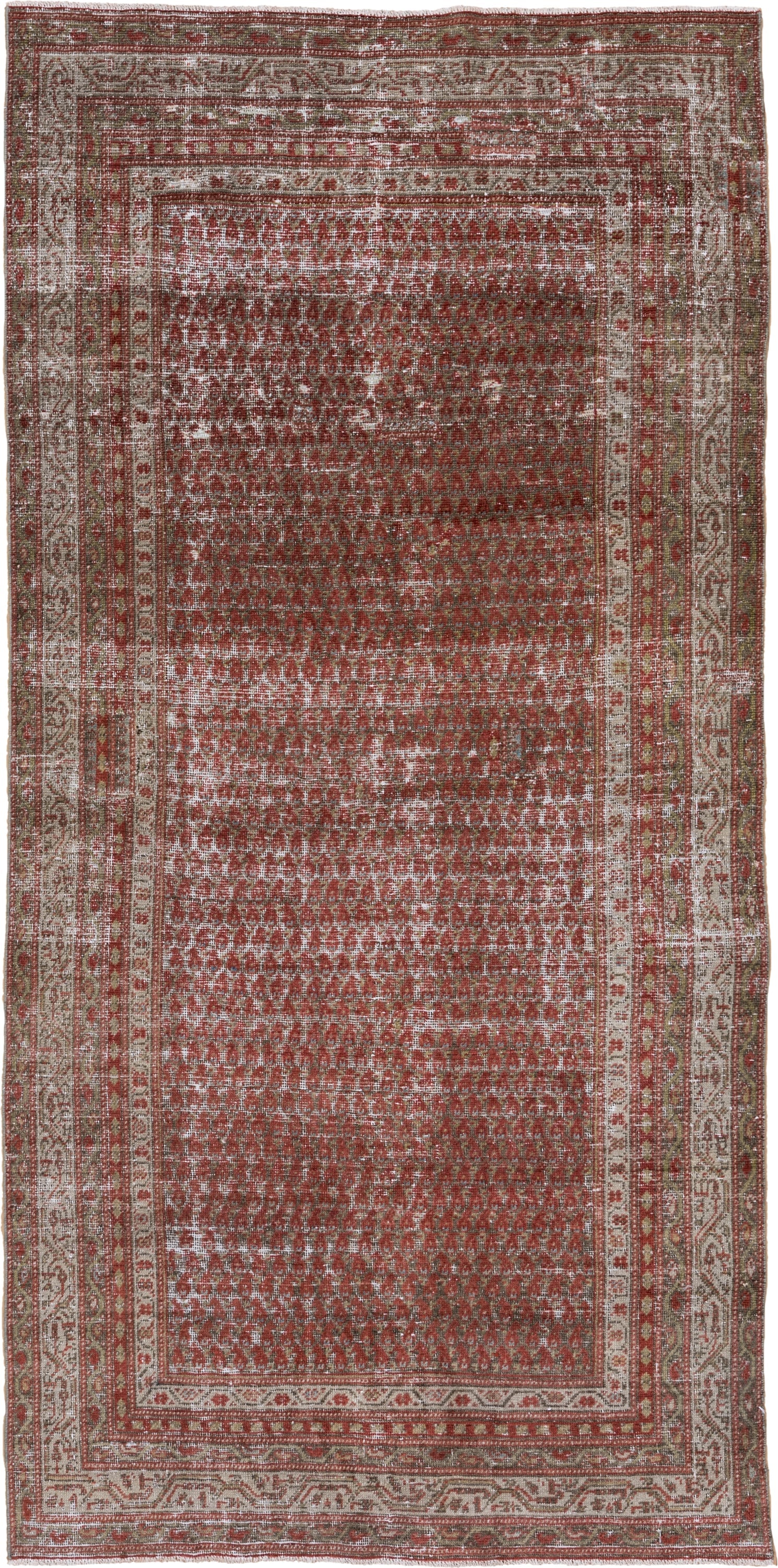 4' x 9' one-of-a-kind handmade vintage Malayer runner rug. Color palette: rust, ivory, taupe, sage, terra cotta, terracotta