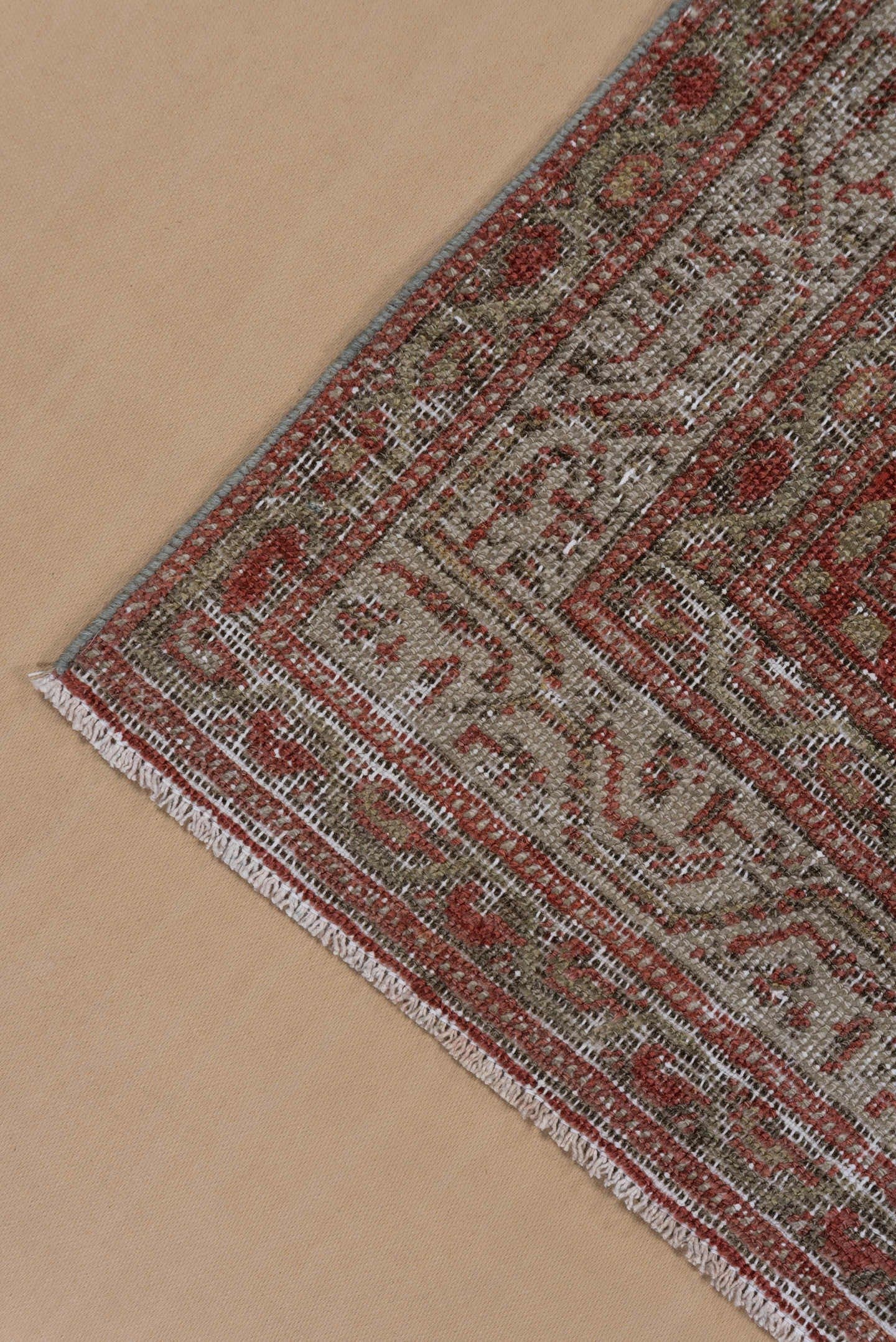 4' x 9' one-of-a-kind handmade vintage Malayer runner rug. Color palette: rust, ivory, taupe, sage, terra cotta, terracotta