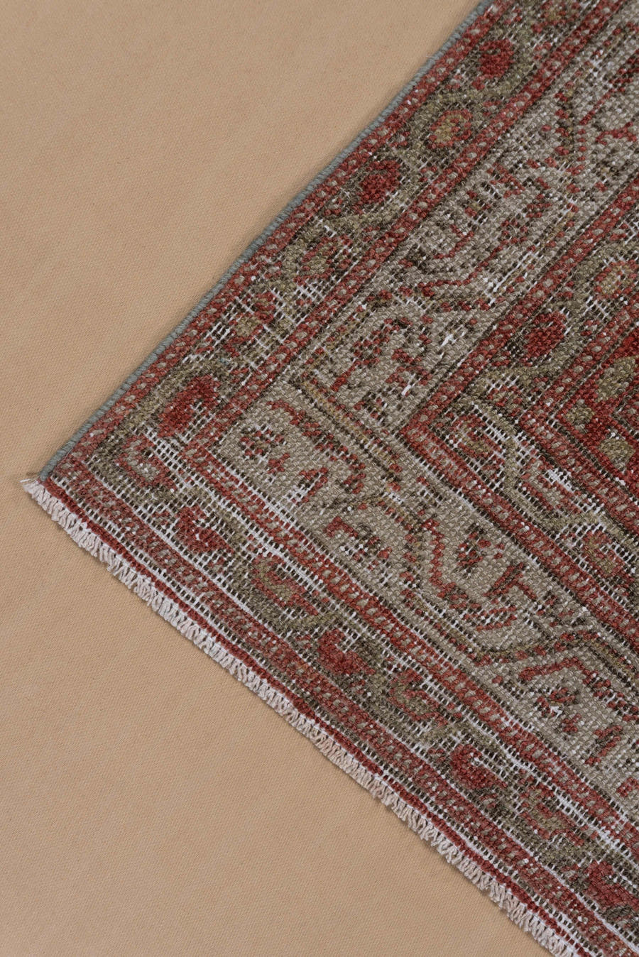 4' x 9' one-of-a-kind handmade vintage Malayer runner rug. Color palette: rust, ivory, taupe, sage, terra cotta, terracotta
