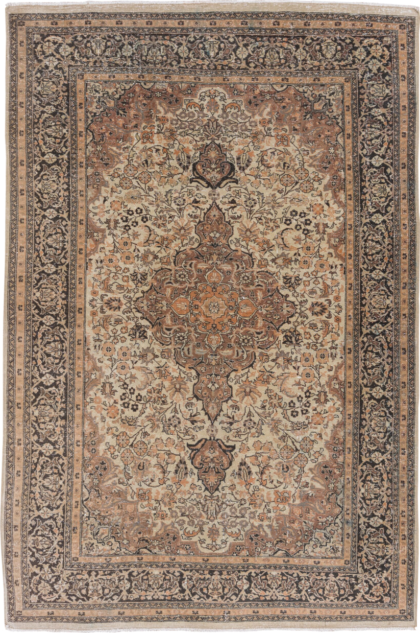 4' x 6' one-of-a-kind handmade vintage Sivas small size rug. Color palette: ivory, camel, taupe, charcoal, terra cotta