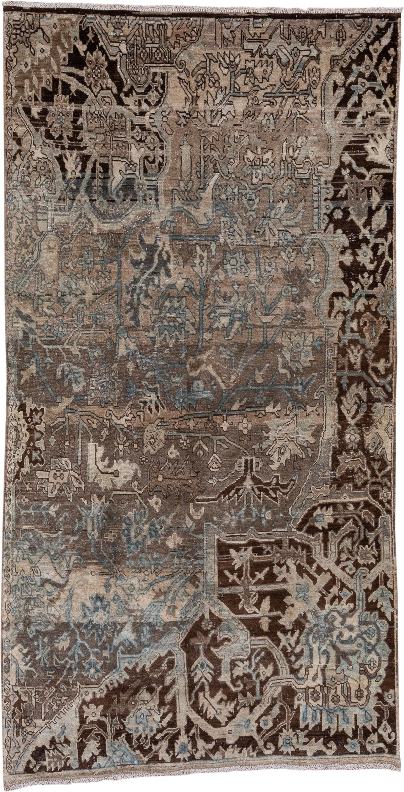 4' x 7' one-of-a-kind handmade vintage Tabriz rug. Color palette: taupe, brown, ivory, charcoal, pale_blue, slate, camel