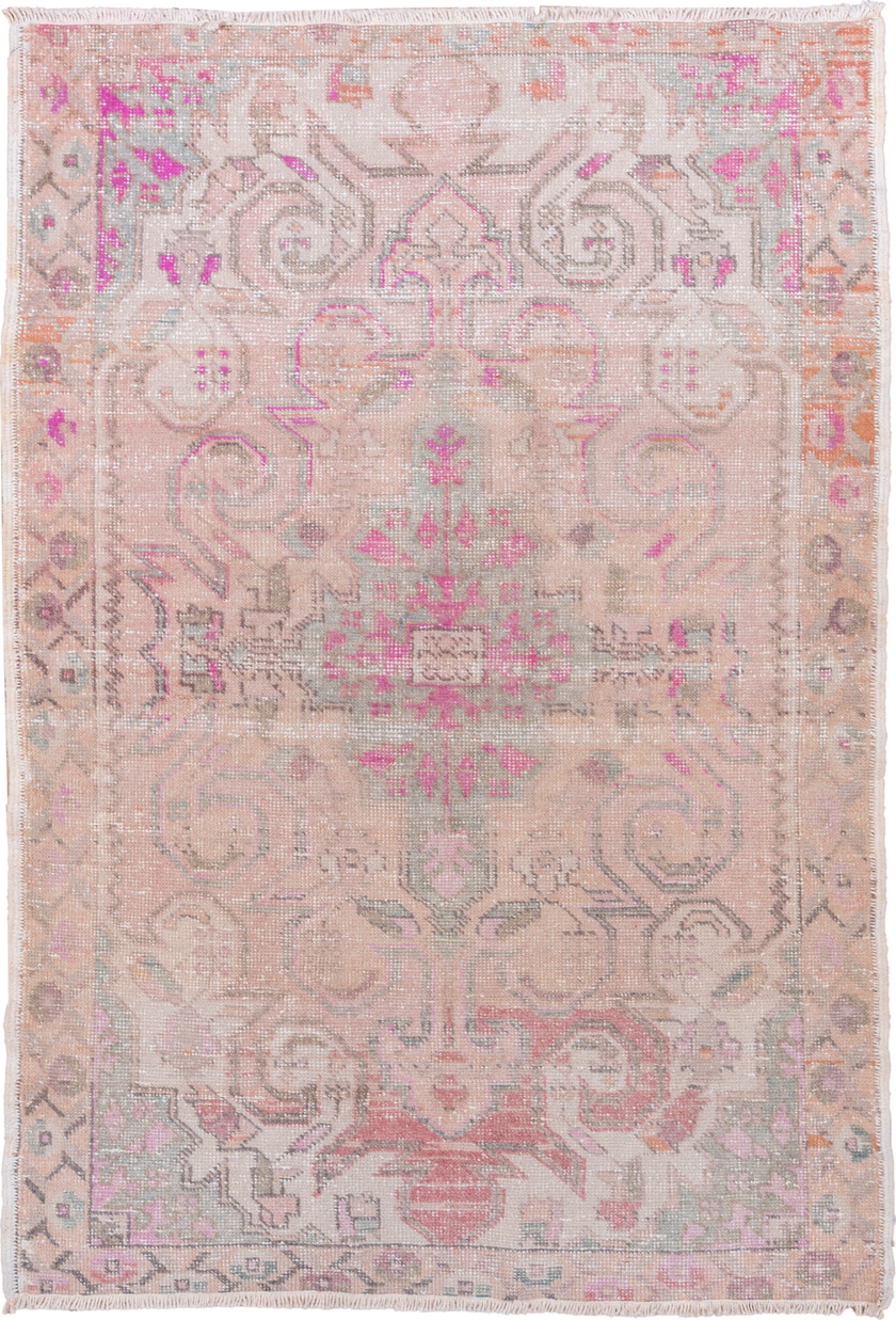 4' x 6' one-of-a-kind handmade vintage Oushak small size rug. Color palette: blush, ivory, pink, taupe, sage, apricot, rose