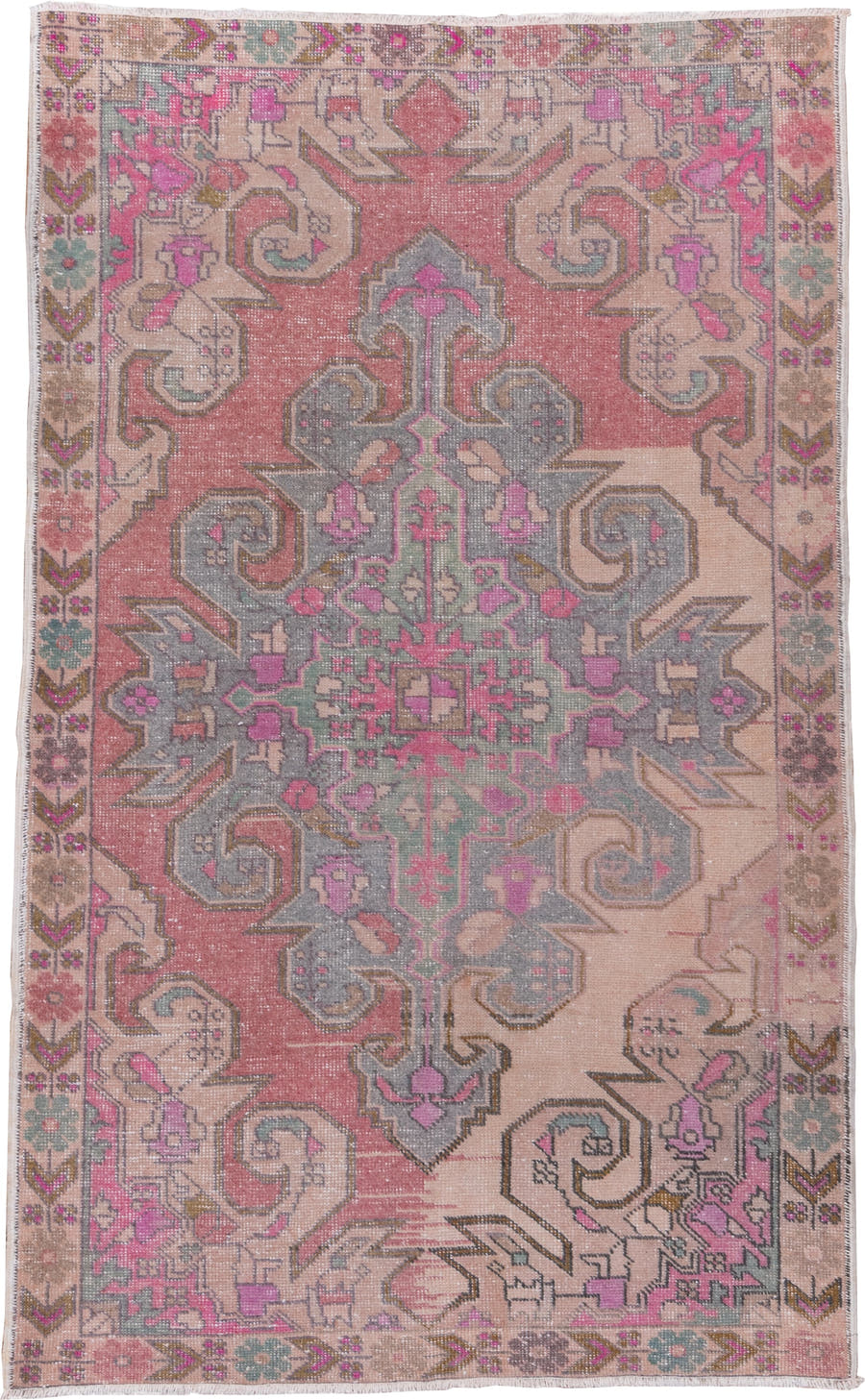 4' x 7' one-of-a-kind handmade vintage Oushak rug. Color palette: blush, ivory, dusty rose, pale blue, taupe, pink, sage