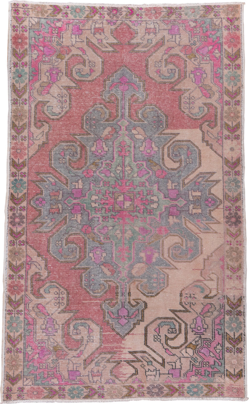 4' x 7' one-of-a-kind handmade vintage Oushak rug. Color palette: blush, ivory, dusty rose, pale blue, taupe, pink, sage