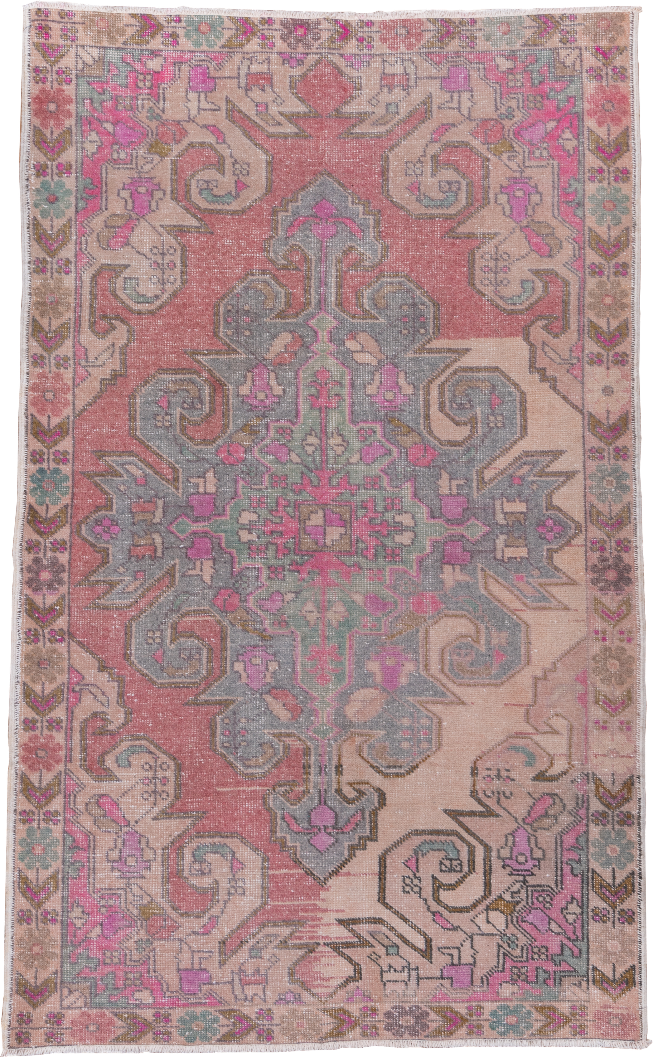 4' x 7' one-of-a-kind handmade vintage Oushak rug. Color palette: blush, ivory, dusty rose, pale blue, taupe, pink, sage
