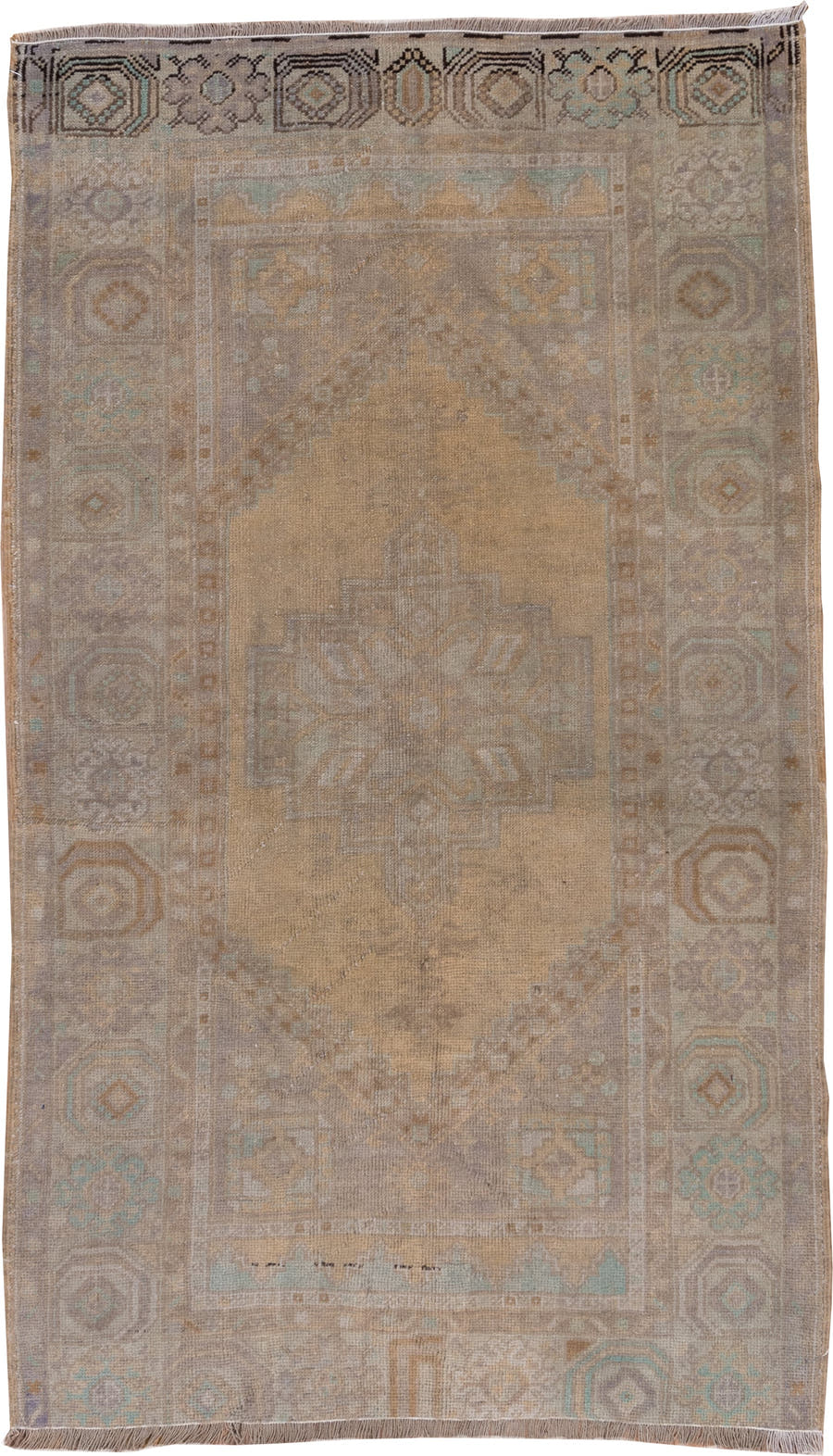 3' x 6' one-of-a-kind handmade vintage Oushak small size rug. Color palette: tan, taupe, beige, ivory, pale aqua, camel