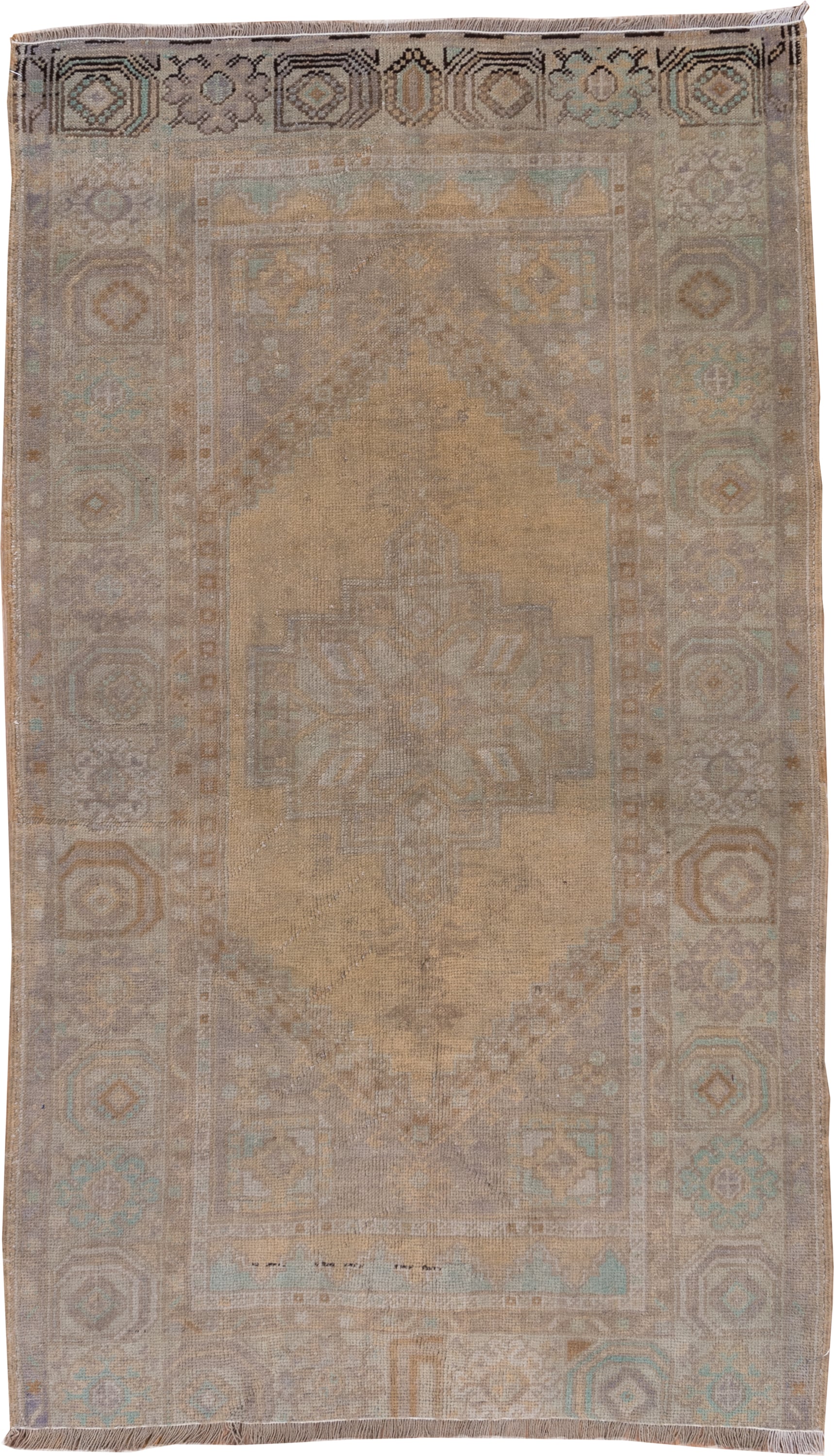 3' x 6' one-of-a-kind handmade vintage Oushak small size rug. Color palette: tan, taupe, beige, ivory, pale aqua, camel