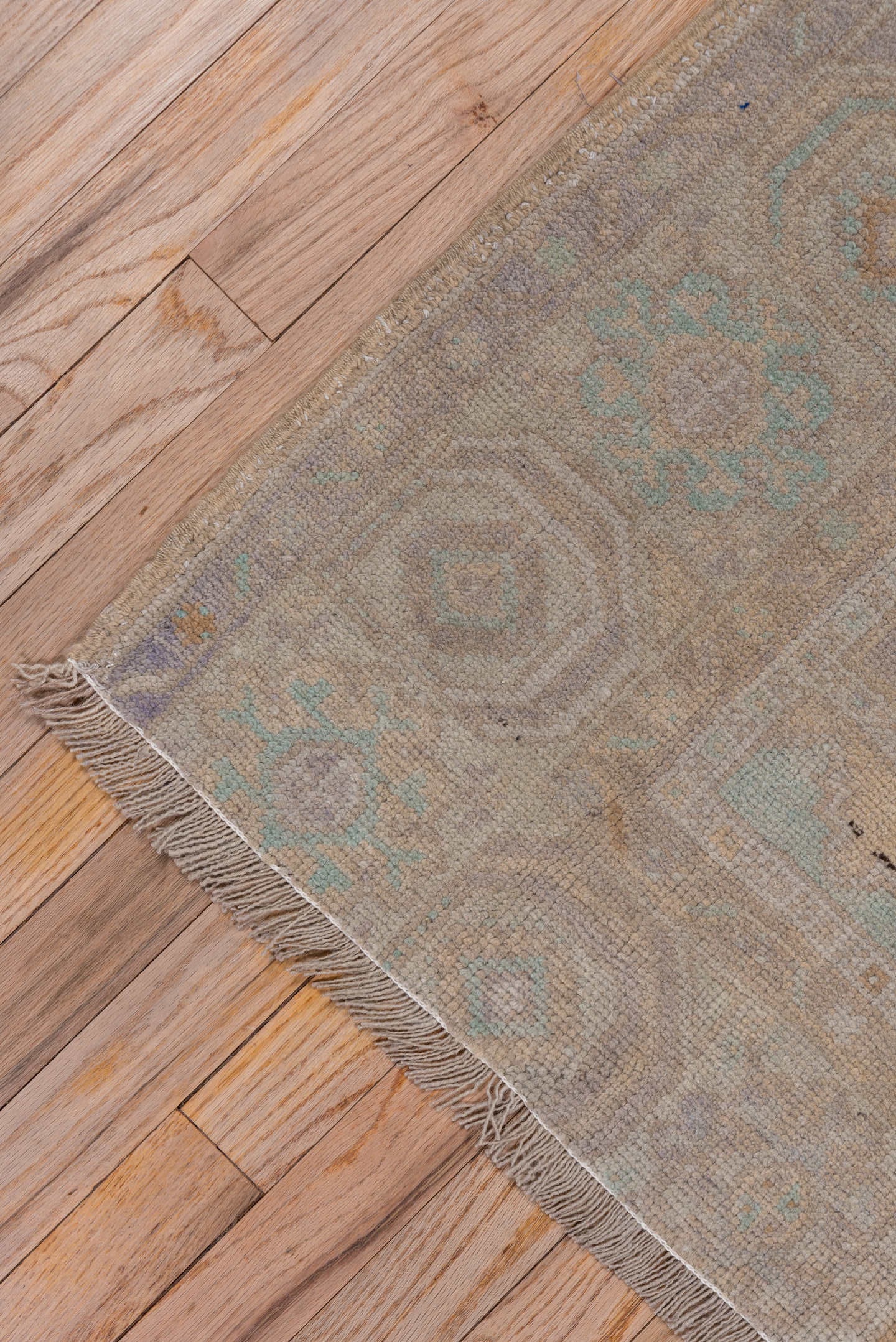 3' x 6' one-of-a-kind handmade vintage Oushak small size rug. Color palette: tan, taupe, beige, ivory, pale aqua, camel
