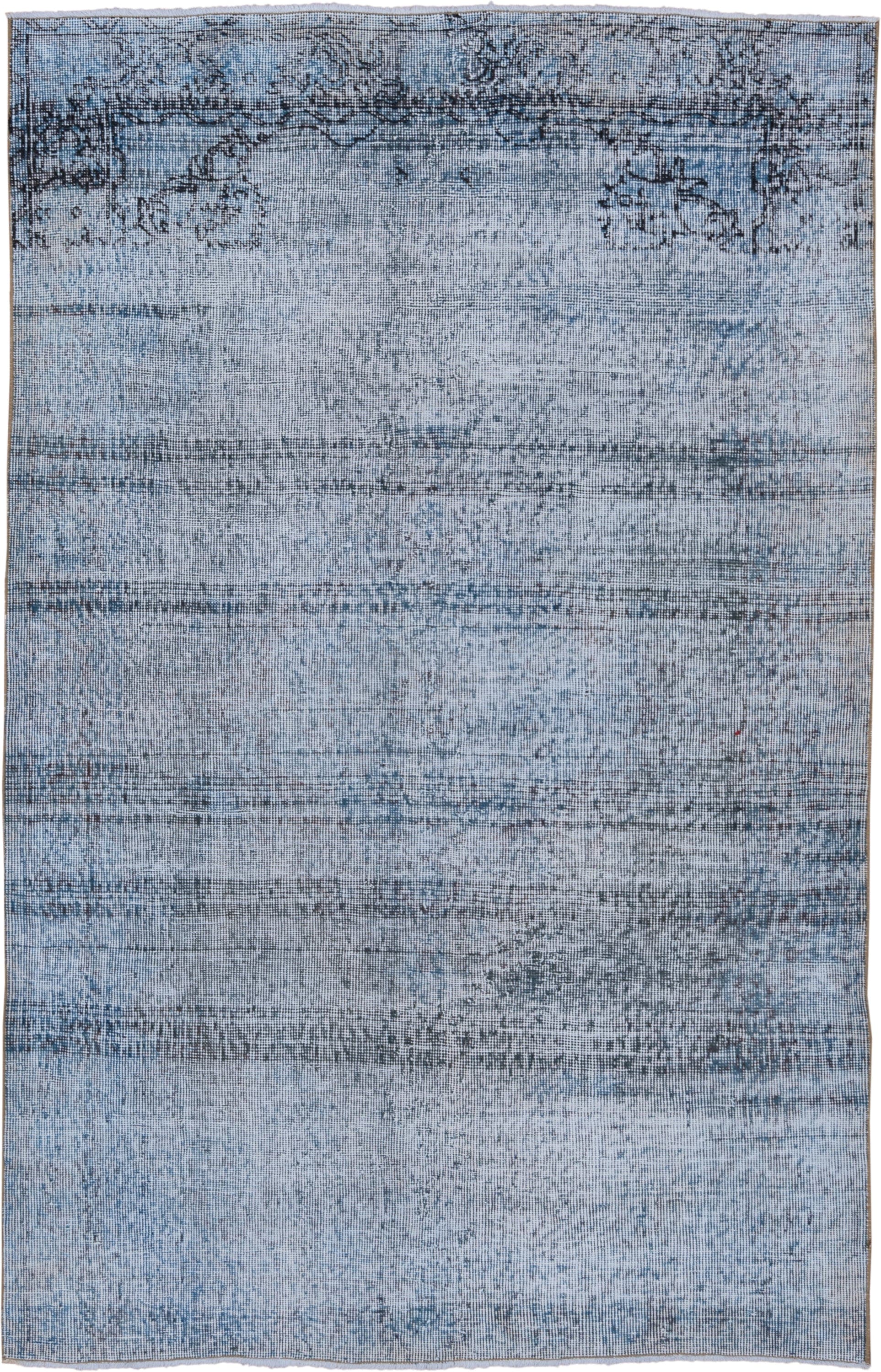 4' x 6' one-of-a-kind handmade vintage Overdyed small size rug. Color palette: pale blue, charcoal, slate, ivory, light blue