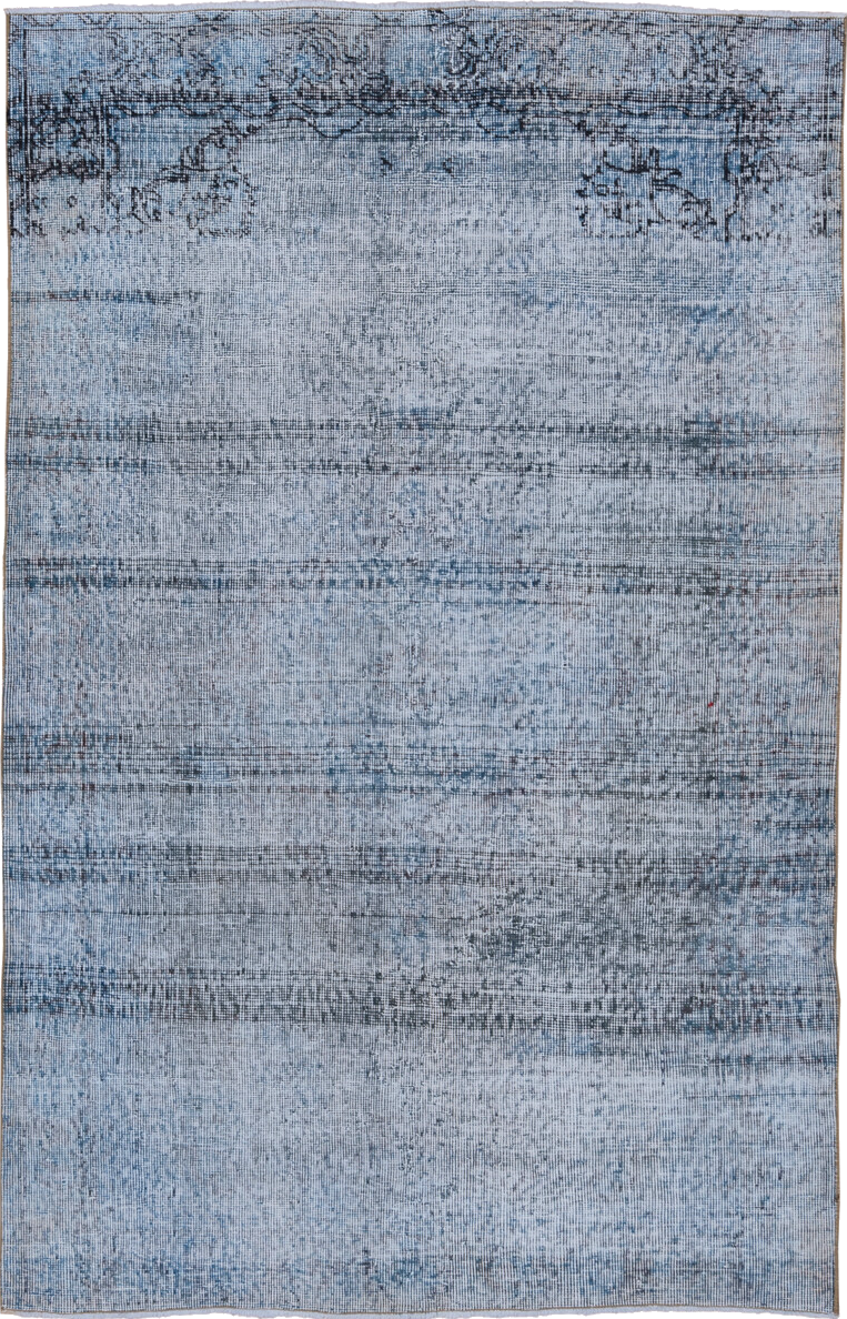 4' x 6' one-of-a-kind handmade vintage Overdyed small size rug. Color palette: blue, fiord, gray, light blue, light gray