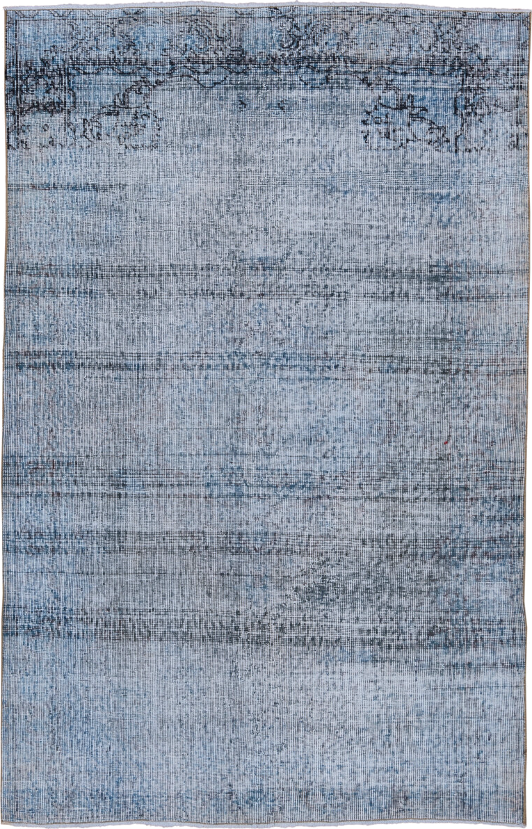 4' x 6' one-of-a-kind handmade vintage Overdyed small size rug. Color palette: pale blue, charcoal, slate, ivory, light blue