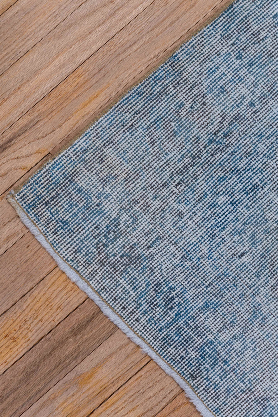4' x 6' one-of-a-kind handmade vintage Overdyed small size rug. Color palette: pale blue, charcoal, slate, ivory, light blue