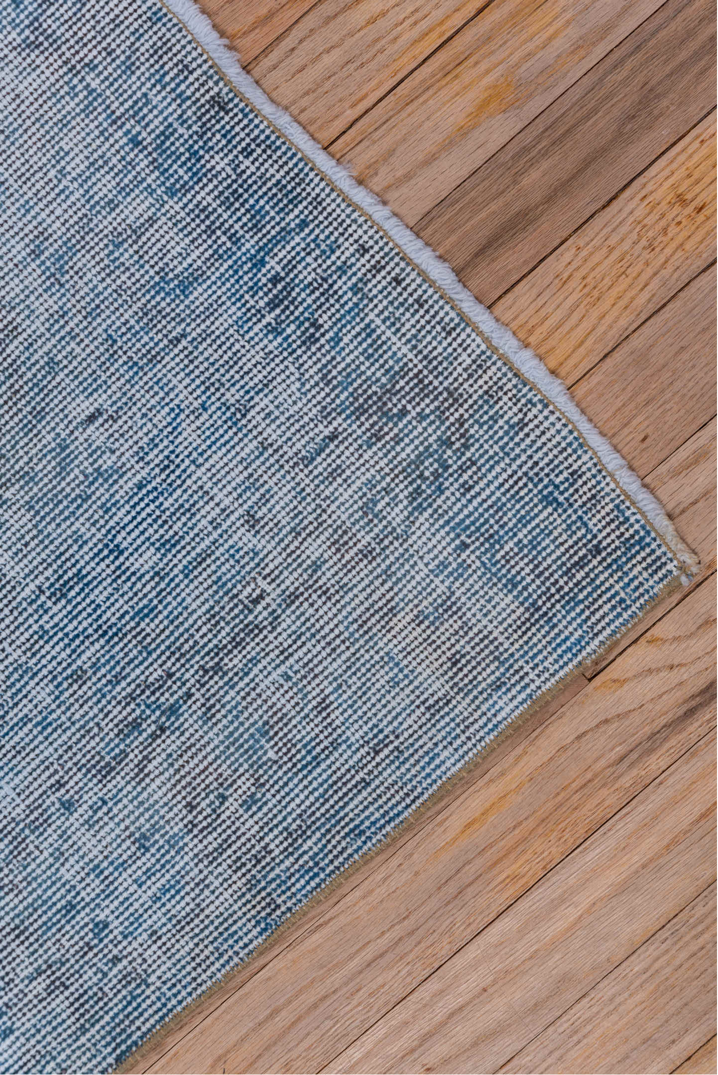 4' x 6' one-of-a-kind handmade vintage Overdyed small size rug. Color palette: blue, fiord, gray, light blue, light gray