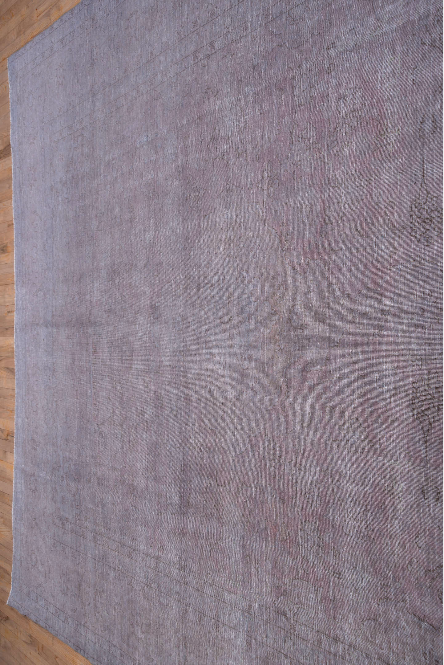 9' x 12' one-of-a-kind handmade vintage Overdyed large size rug. Color palette: lavender, rose, mauve, dusty pink, taupe