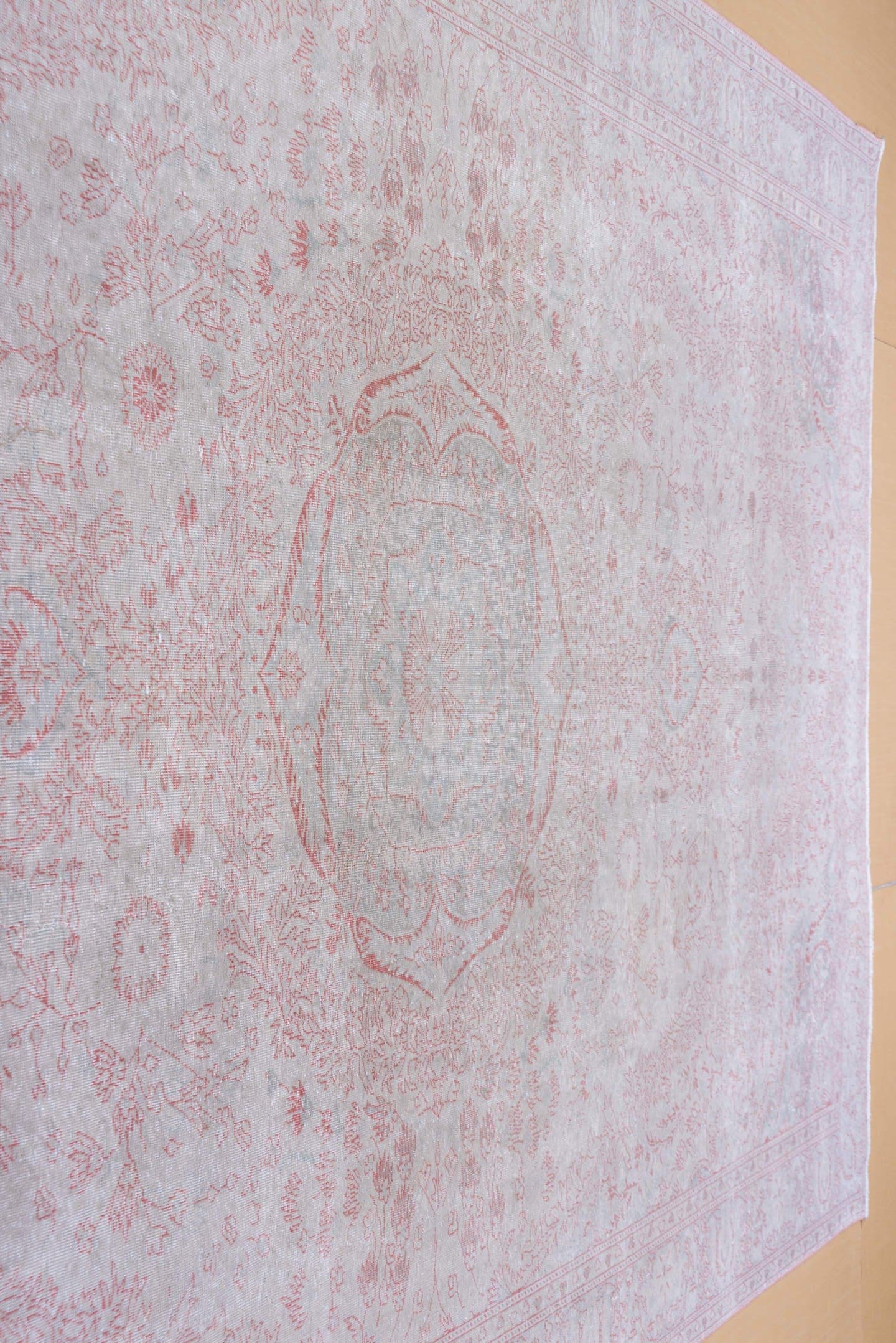 8' x 12' one-of-a-kind handmade vintage Sivas large size rug. Color palette: ivory, blush, pale pink, silver, taupe, pink