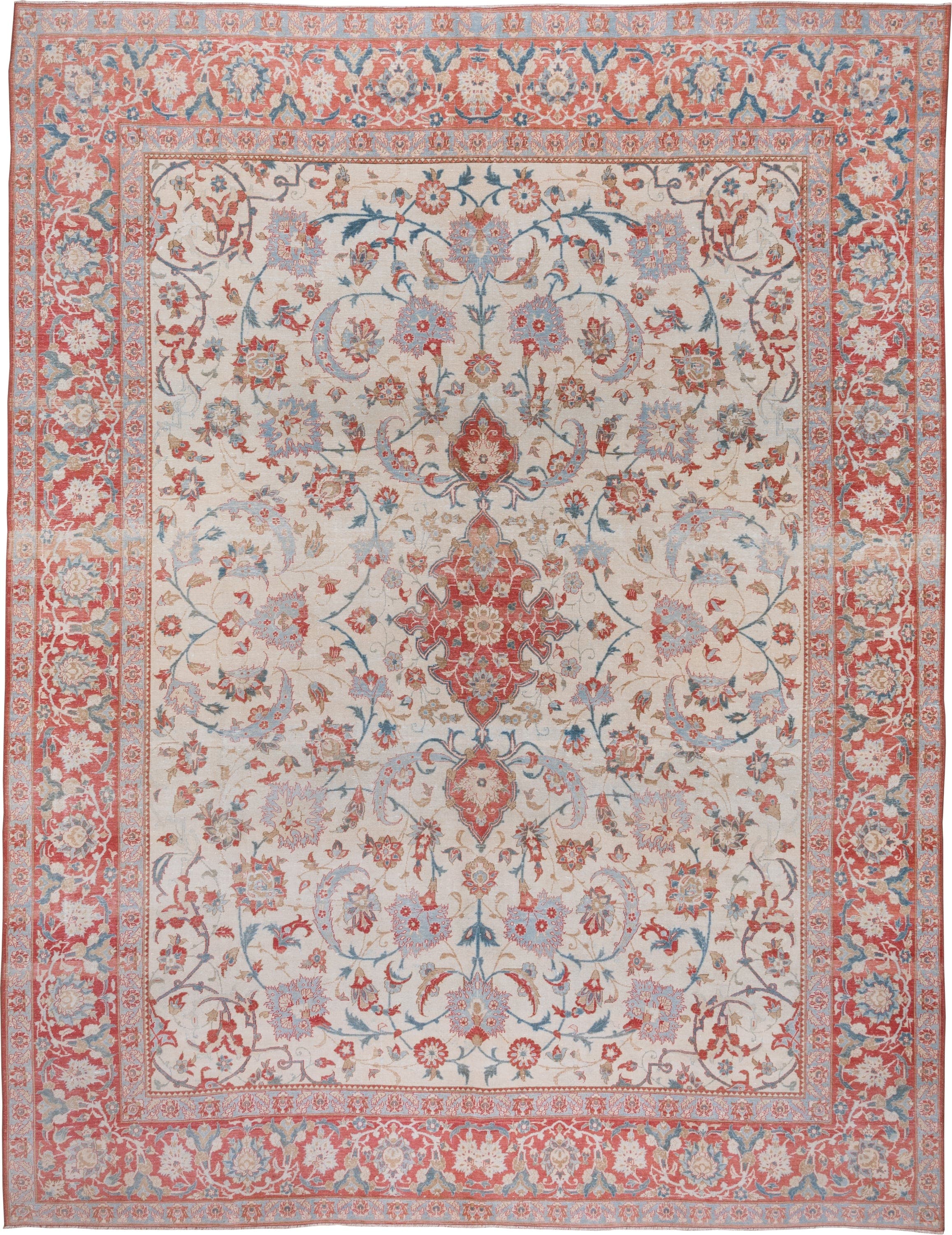 10' x 13' one-of-a-kind handmade vintage Kashan large size rug. Color palette: ivory, coral, sky blue, brick red, dusty rose