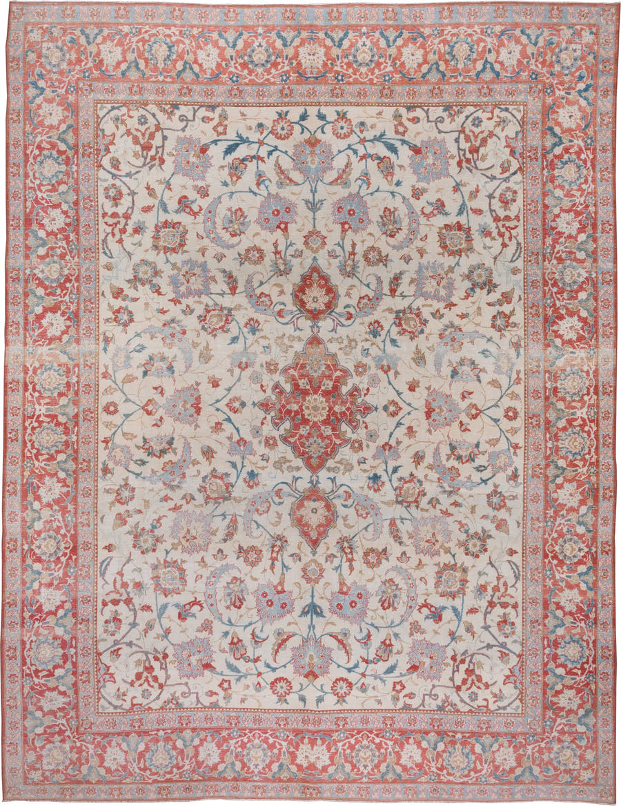 10' x 13' one-of-a-kind handmade vintage Kashan large size rug. Color palette: ivory, coral, sky blue, brick red, dusty rose