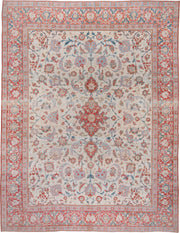 10' x 13' one-of-a-kind handmade vintage Kashan large size rug. Color palette: ivory, coral, sky blue, brick red, dusty rose