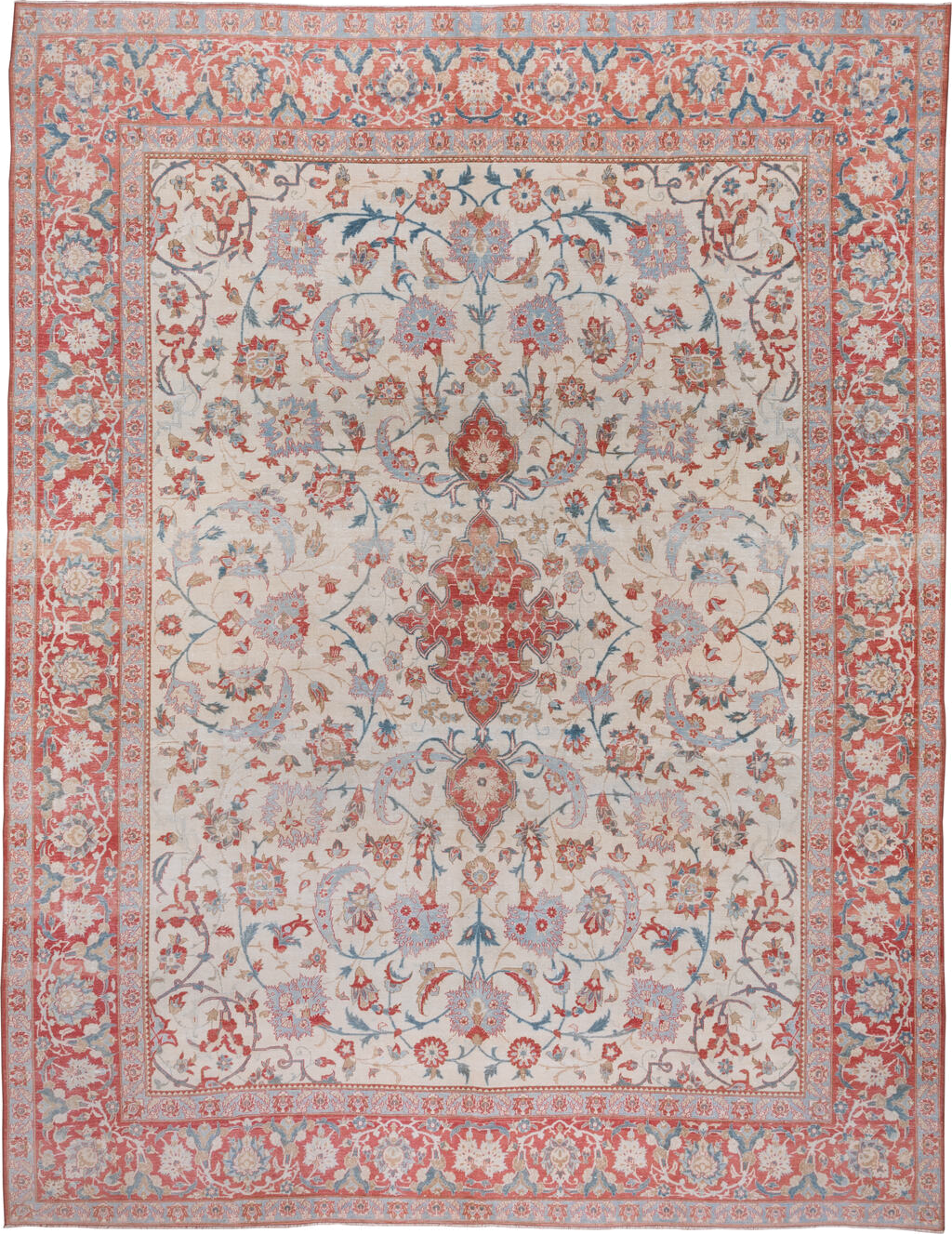 10' x 13' one-of-a-kind handmade vintage Kashan large size rug. Color palette: ivory, coral, sky blue, brick red, dusty rose