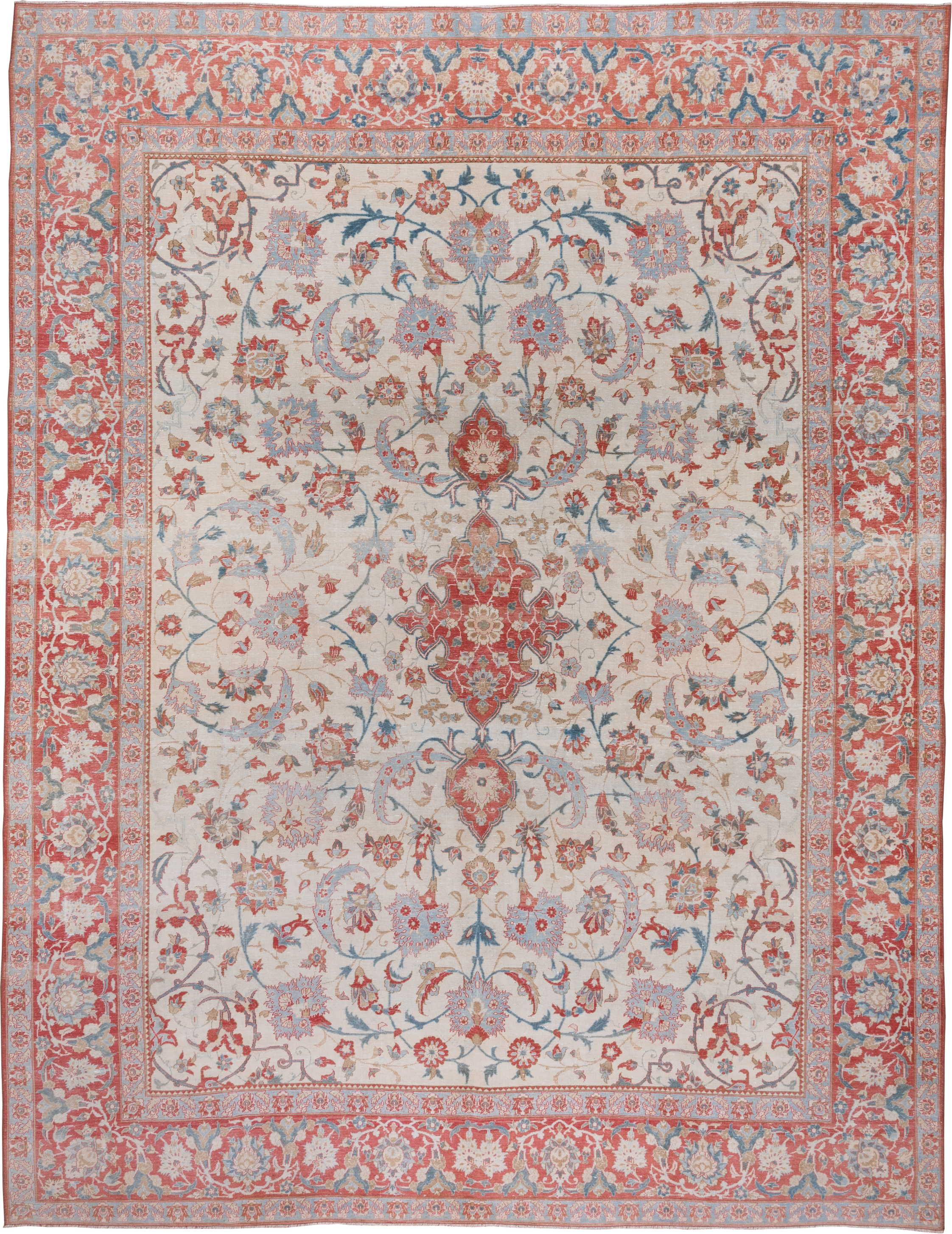10' x 13' one-of-a-kind handmade vintage Kashan large size rug. Color palette: ivory, coral, sky blue, brick red, dusty rose