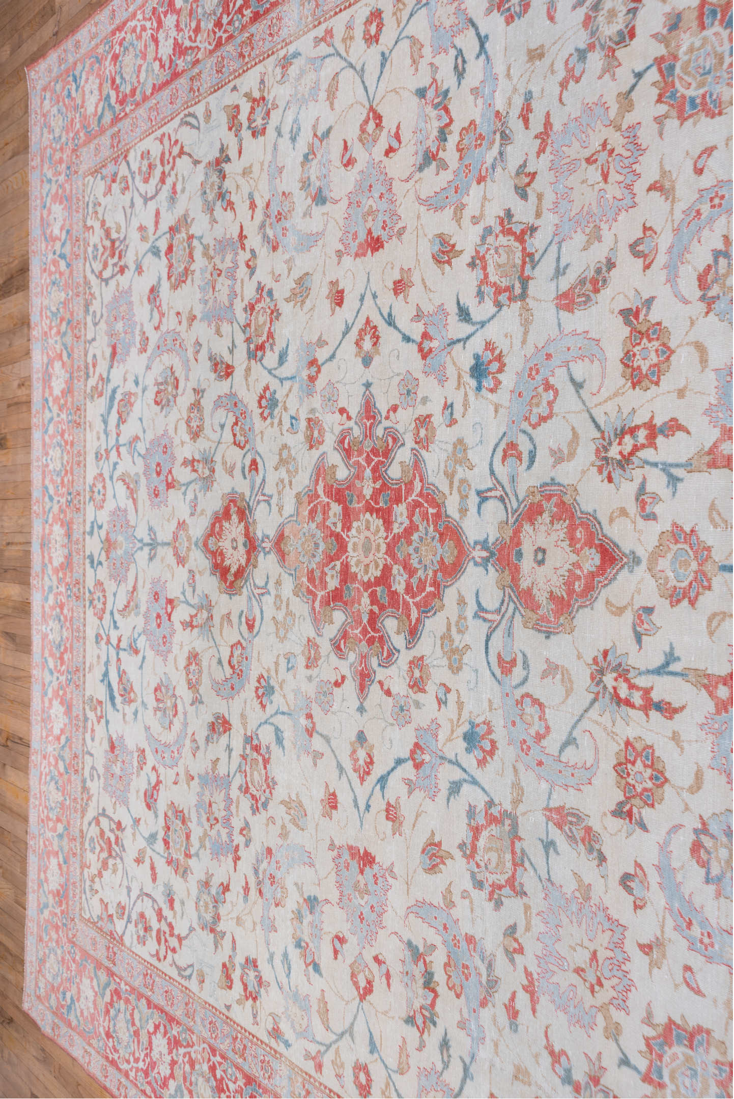 10' x 13' one-of-a-kind handmade vintage Kashan large size rug. Color palette: ivory, coral, sky blue, brick red, dusty rose