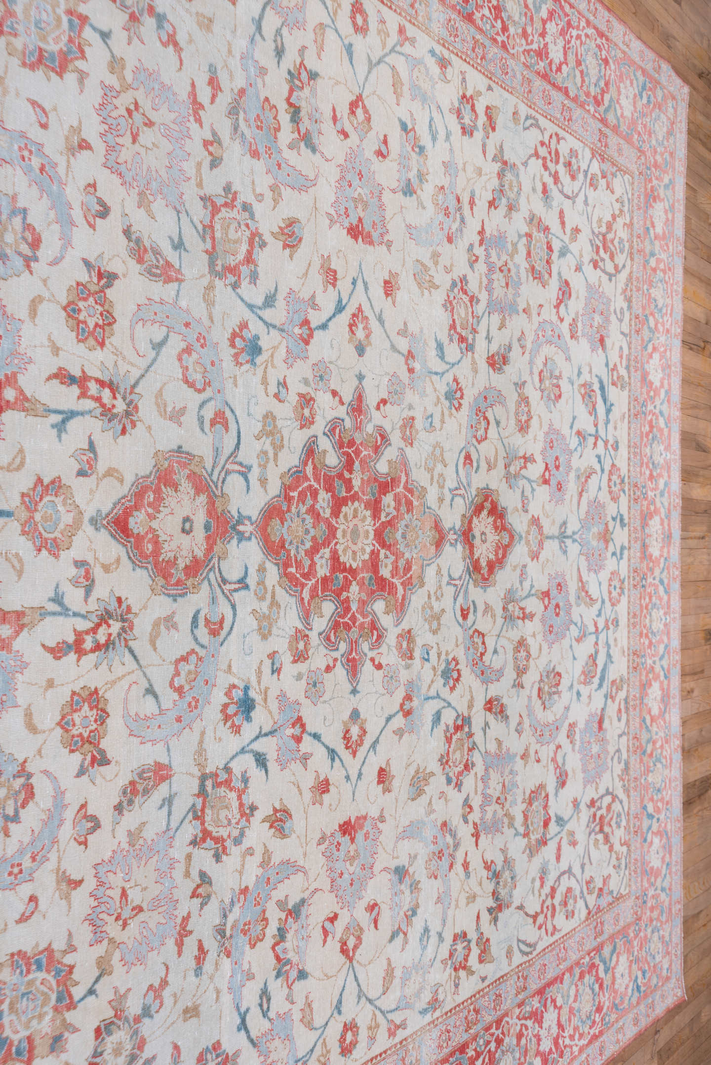 10' x 13' one-of-a-kind handmade vintage Kashan large size rug. Color palette: ivory, coral, sky blue, brick red, dusty rose