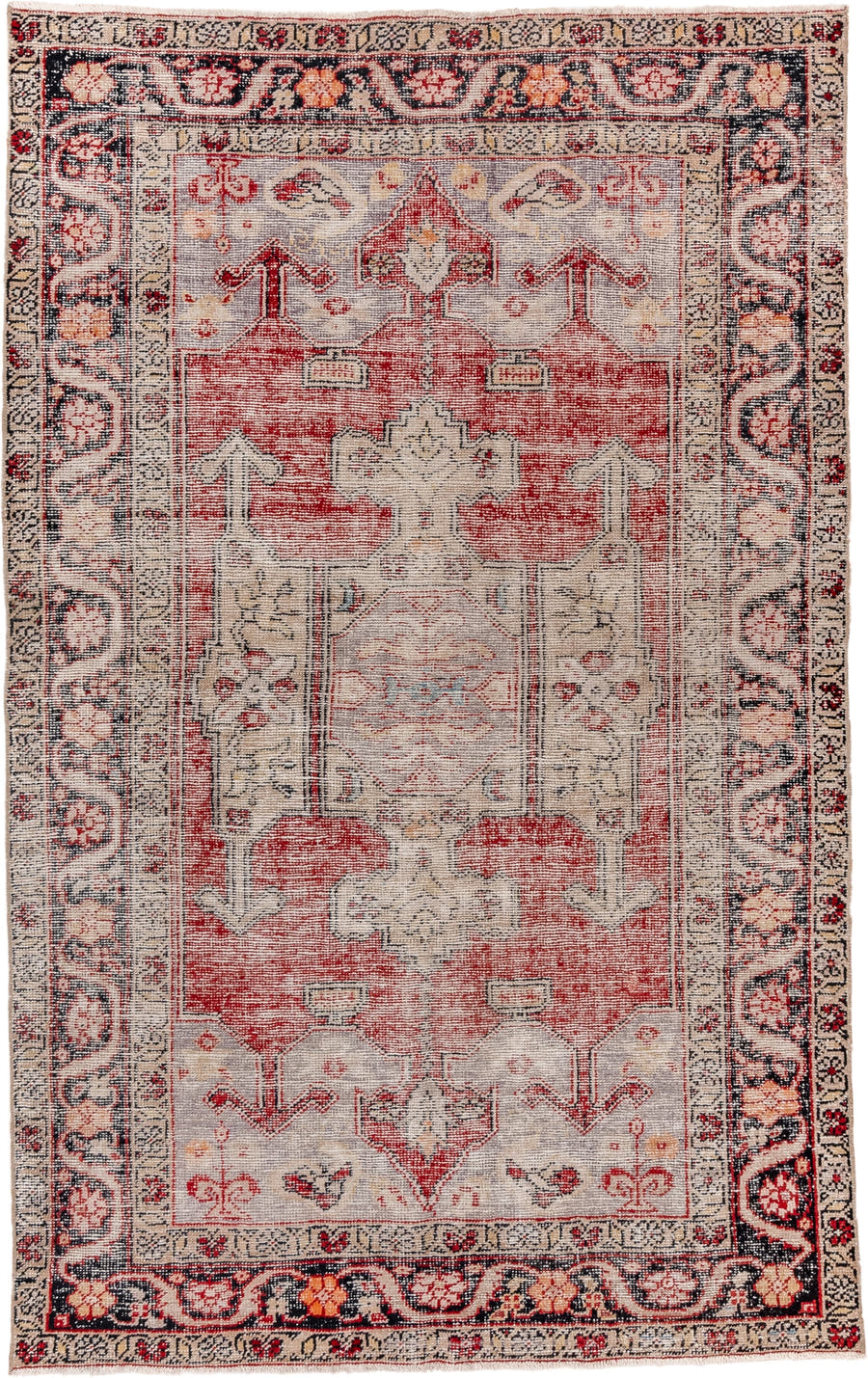 4' x 7' one-of-a-kind handmade vintage Oushak rug. Color palette: ivory, coral, charcoal, red, peach, taupe, slate