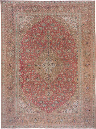 9' x 13' one-of-a-kind handmade vintage Kashan large size rug. Color palette: coral, beige, ivory, taupe, sky_blue, sage