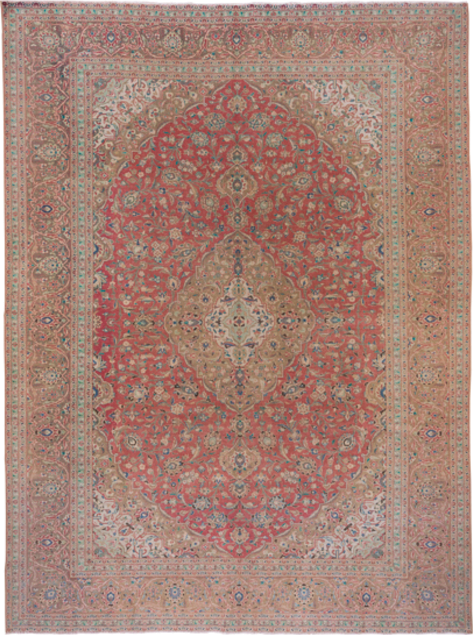 9' x 13' one-of-a-kind handmade vintage Kashan large size rug. Color palette: coral, beige, ivory, taupe, sky_blue, sage