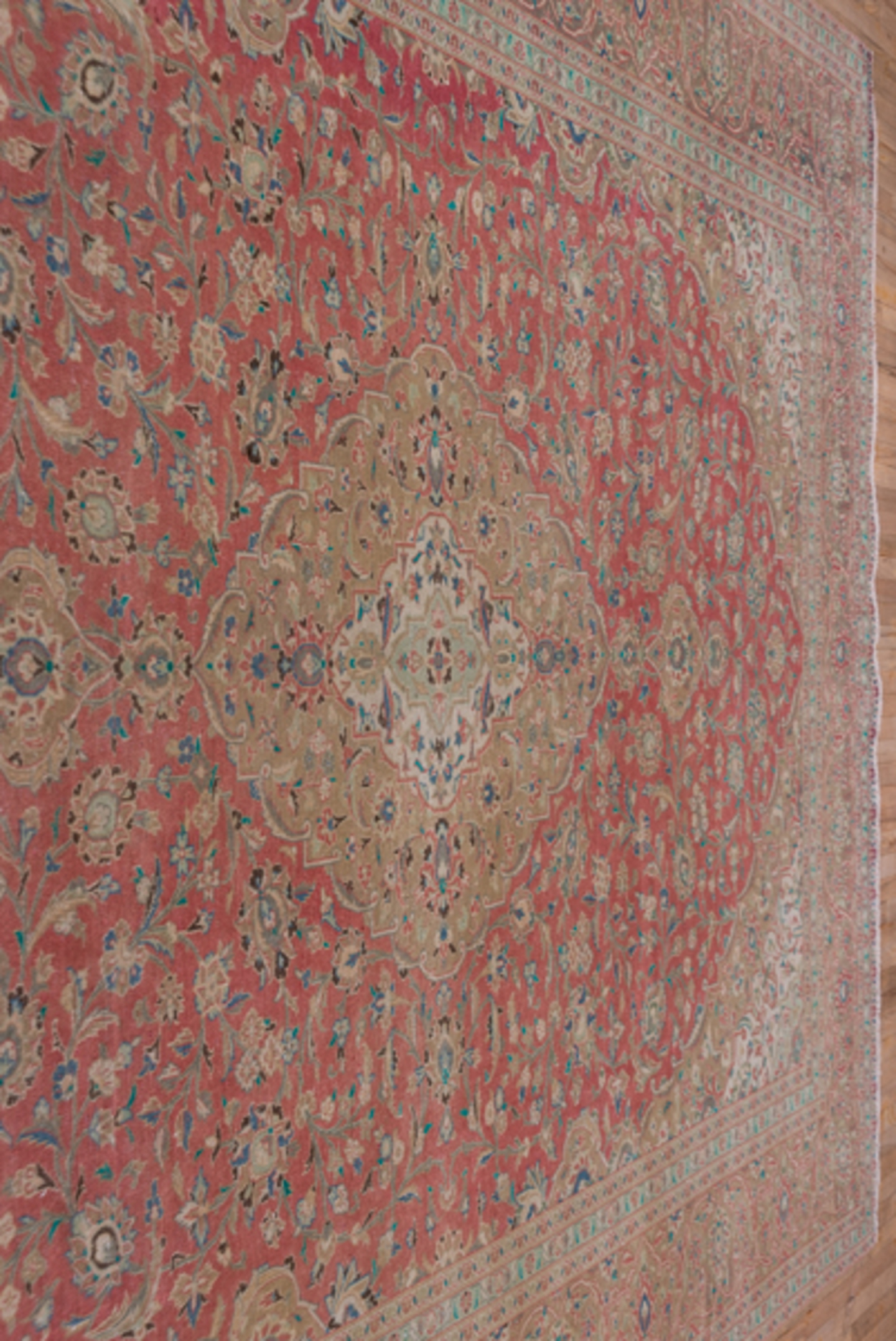 9' x 13' one-of-a-kind handmade vintage Kashan large size rug. Color palette: coral, beige, ivory, taupe, sky_blue, sage