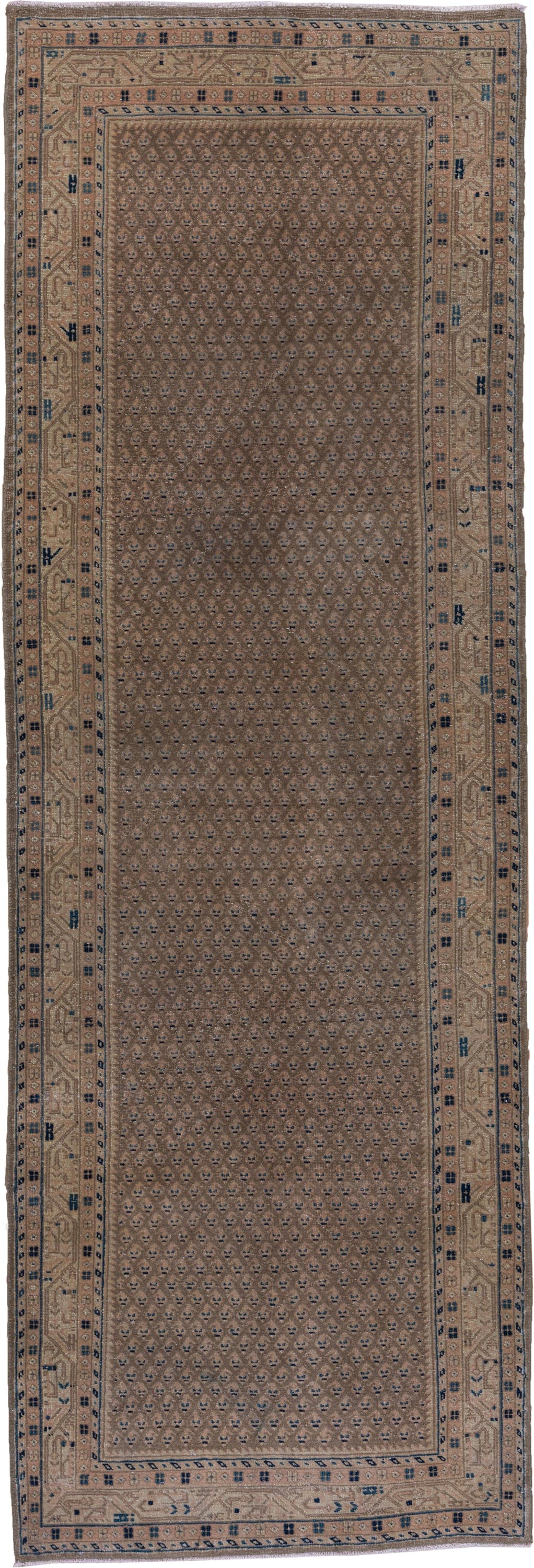 3' x 10' one-of-a-kind handmade vintage Mahal runner rug. Color palette: taupe, brown, beige, indigo, ivory, camel, gray