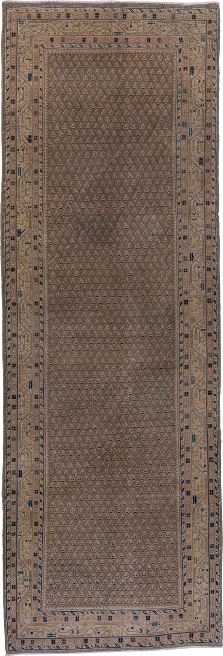 3' x 10' one-of-a-kind handmade vintage Mahal runner rug. Color palette: arapawa, black, blue, brown, dark gray, dim gray