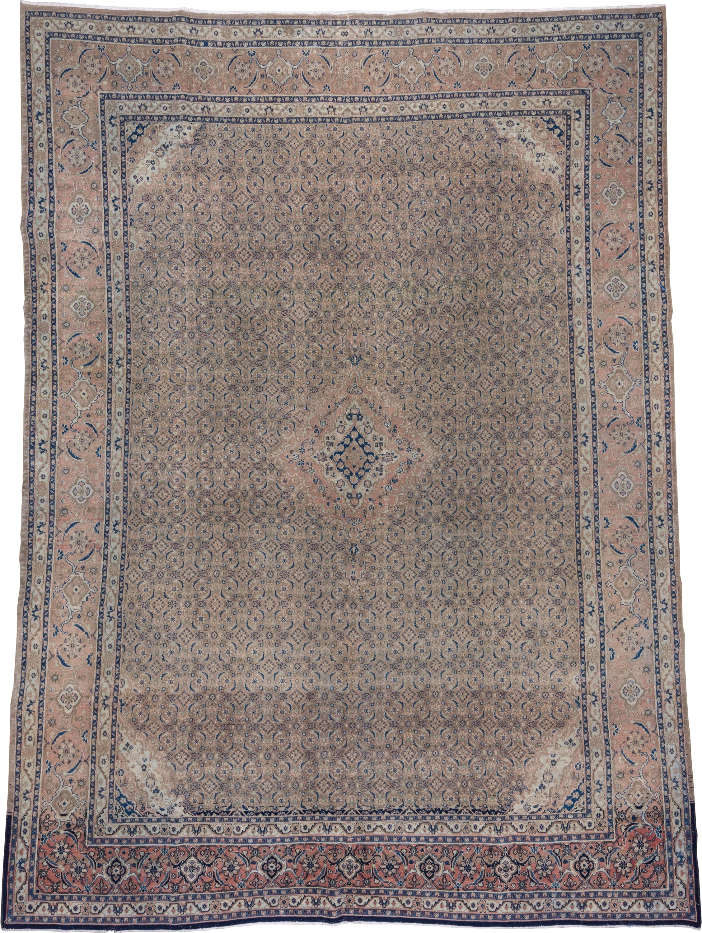 9' x 13' one-of-a-kind handmade vintage Tabriz large size rug. Color palette: ivory, blush, navy, dusty rose, taupe, slate