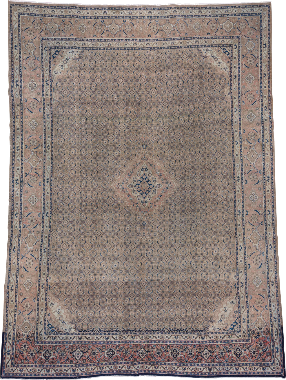 9' x 13' one-of-a-kind handmade vintage Tabriz large size rug. Color palette: blue, fiord, gray, light blue, light gray