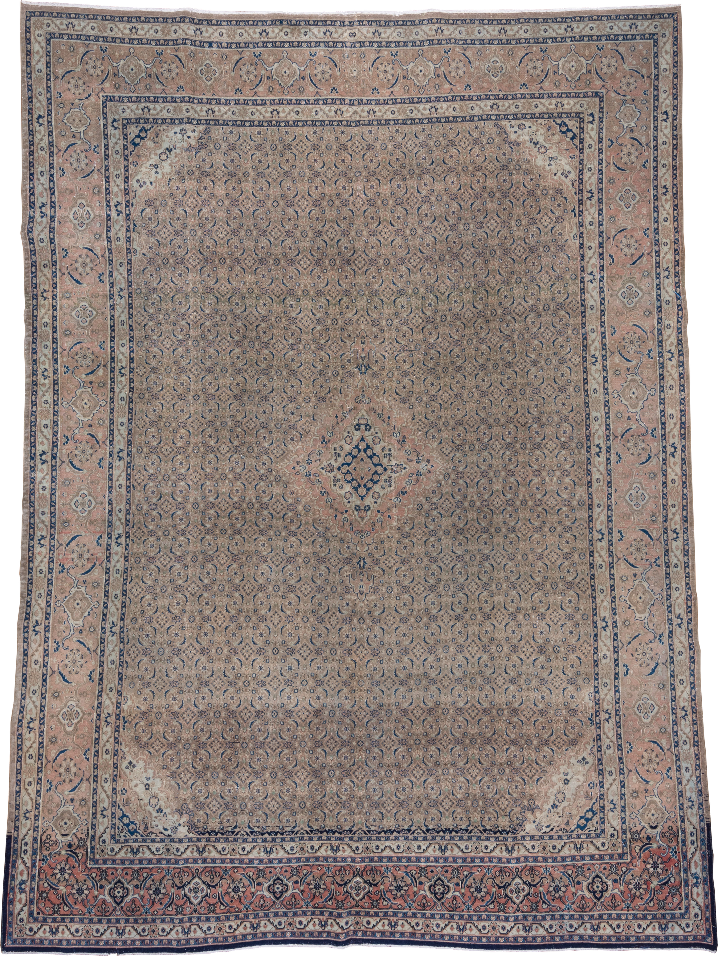 9' x 13' one-of-a-kind handmade vintage Tabriz large size rug. Color palette: ivory, blush, navy, dusty rose, taupe, slate