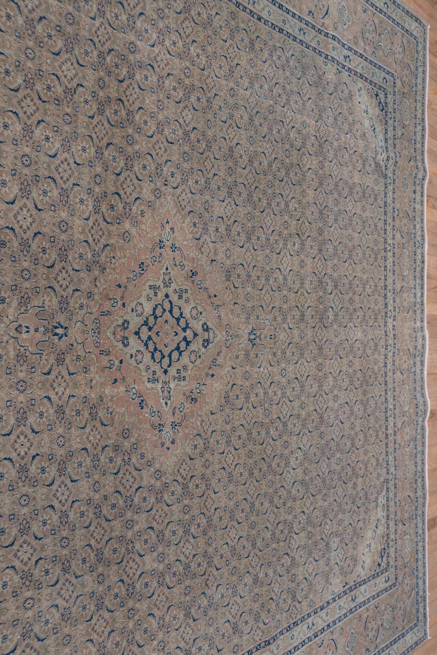 9' x 13' one-of-a-kind handmade vintage Tabriz large size rug. Color palette: ivory, blush, navy, dusty rose, taupe, slate