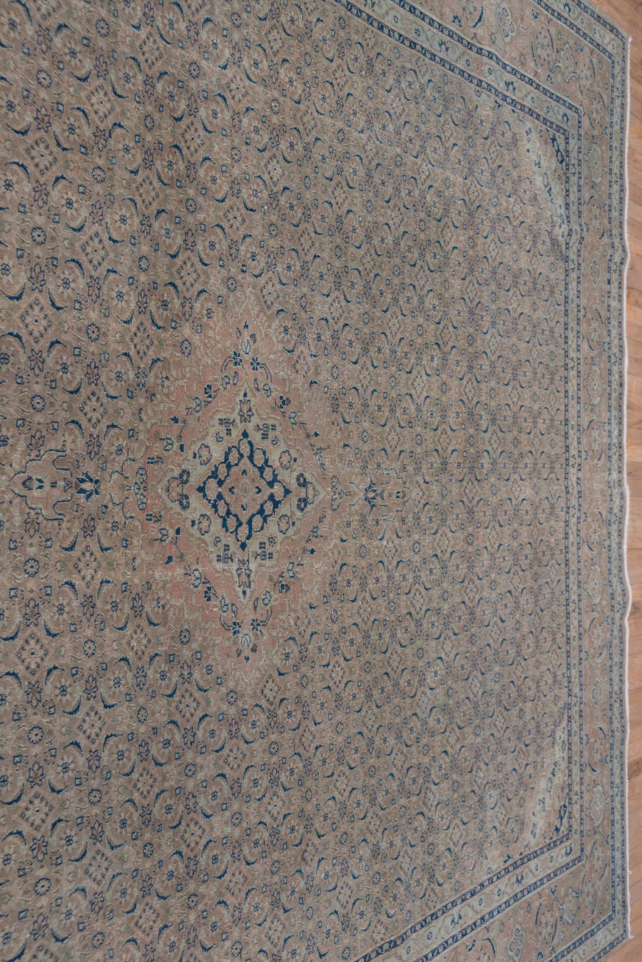 9' x 13' one-of-a-kind handmade vintage Tabriz large size rug. Color palette: ivory, blush, navy, dusty rose, taupe, slate