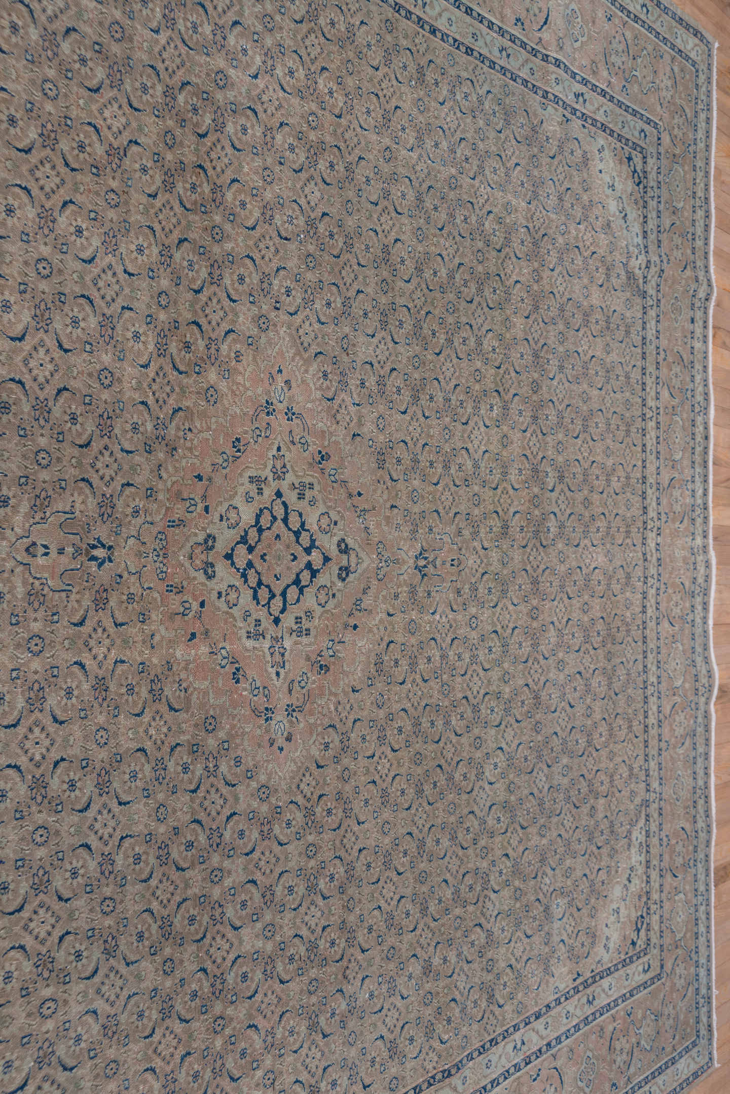 9' x 13' one-of-a-kind handmade vintage Tabriz large size rug. Color palette: ivory, blush, navy, dusty rose, taupe, slate