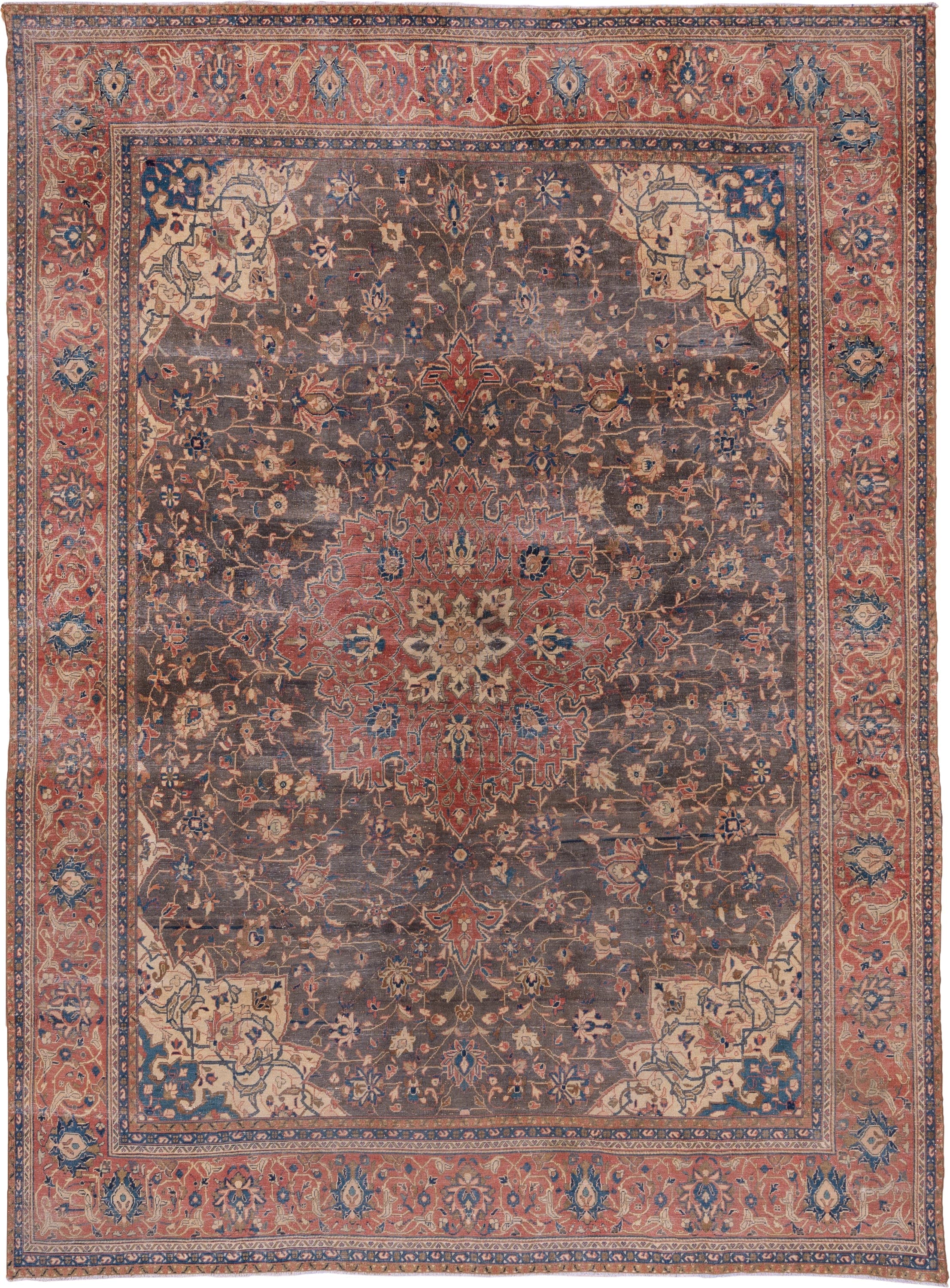8' x 12' one-of-a-kind handmade vintage Kashan large size rug. Color palette: charcoal, rust, ivory, navy, rose, taupe