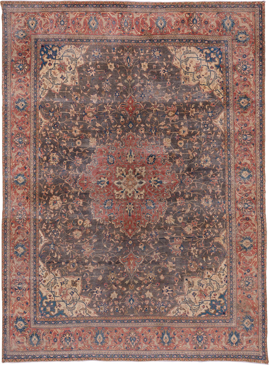 8' x 12' one-of-a-kind handmade vintage Kashan large size rug. Color palette: charcoal, rust, ivory, navy, rose, taupe