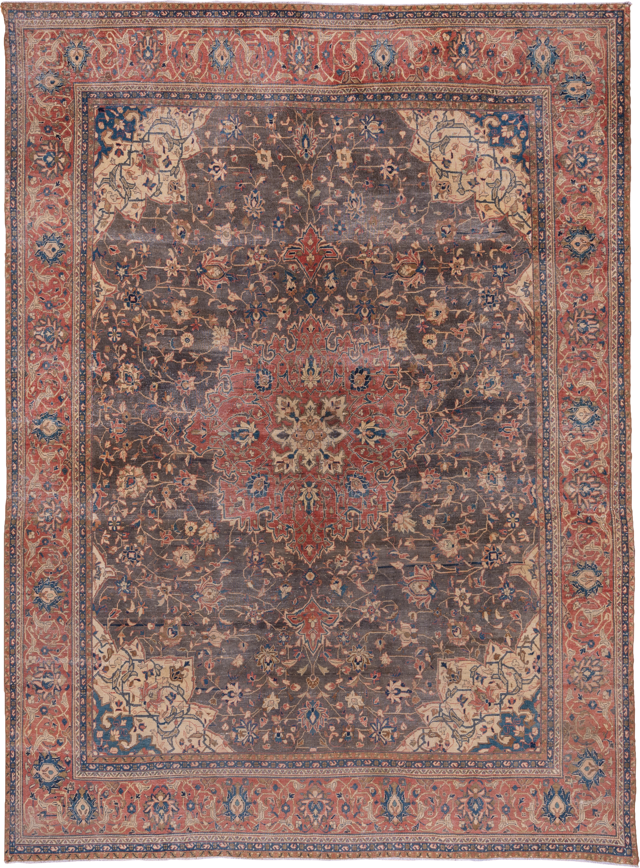 8' x 12' one-of-a-kind handmade vintage Kashan large size rug. Color palette: charcoal, rust, ivory, navy, rose, taupe