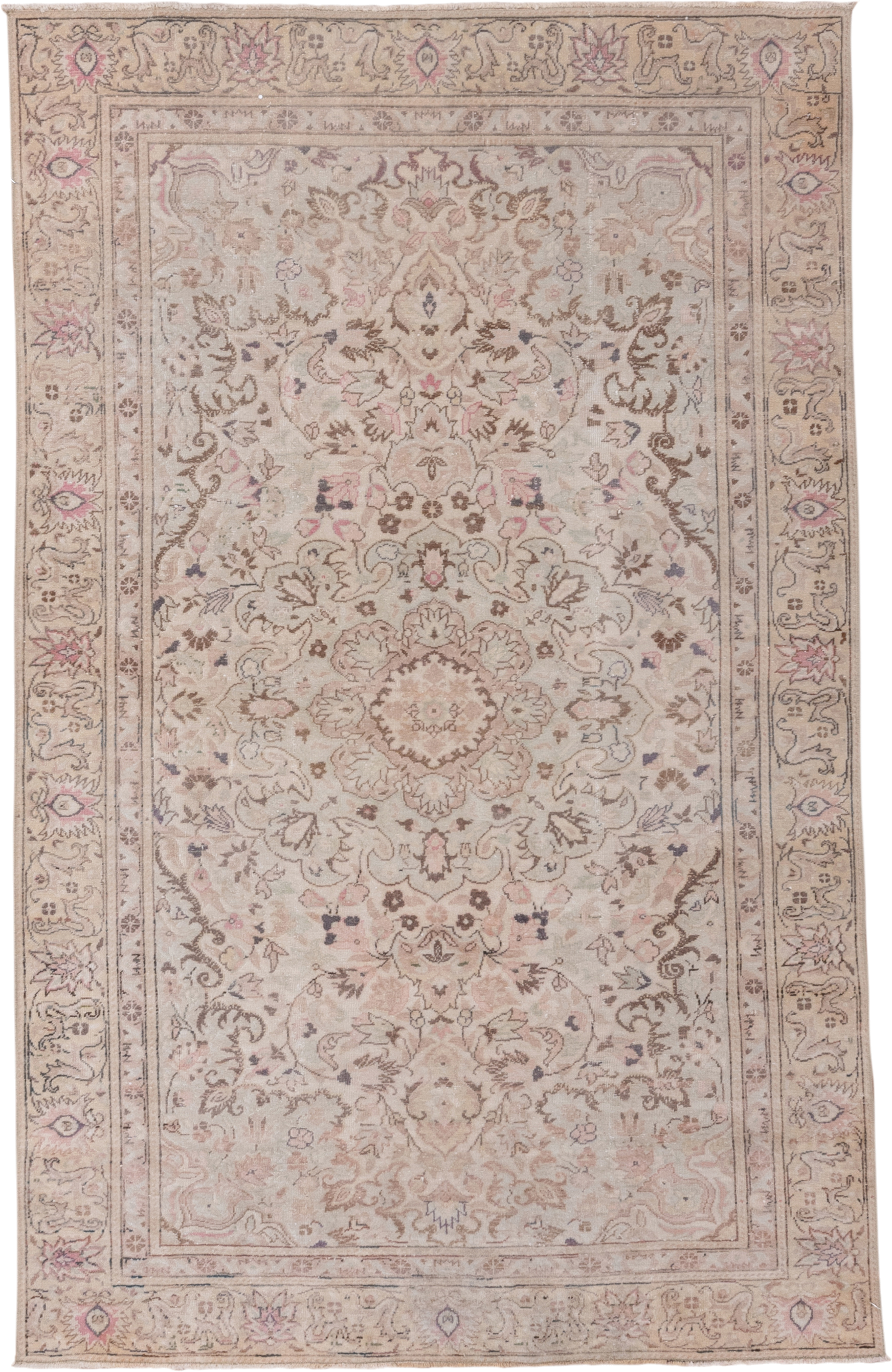 4' x 6' one-of-a-kind handmade vintage Kaisary small size rug. Color palette: ivory, blush, taupe, rose, beige, brown, sage