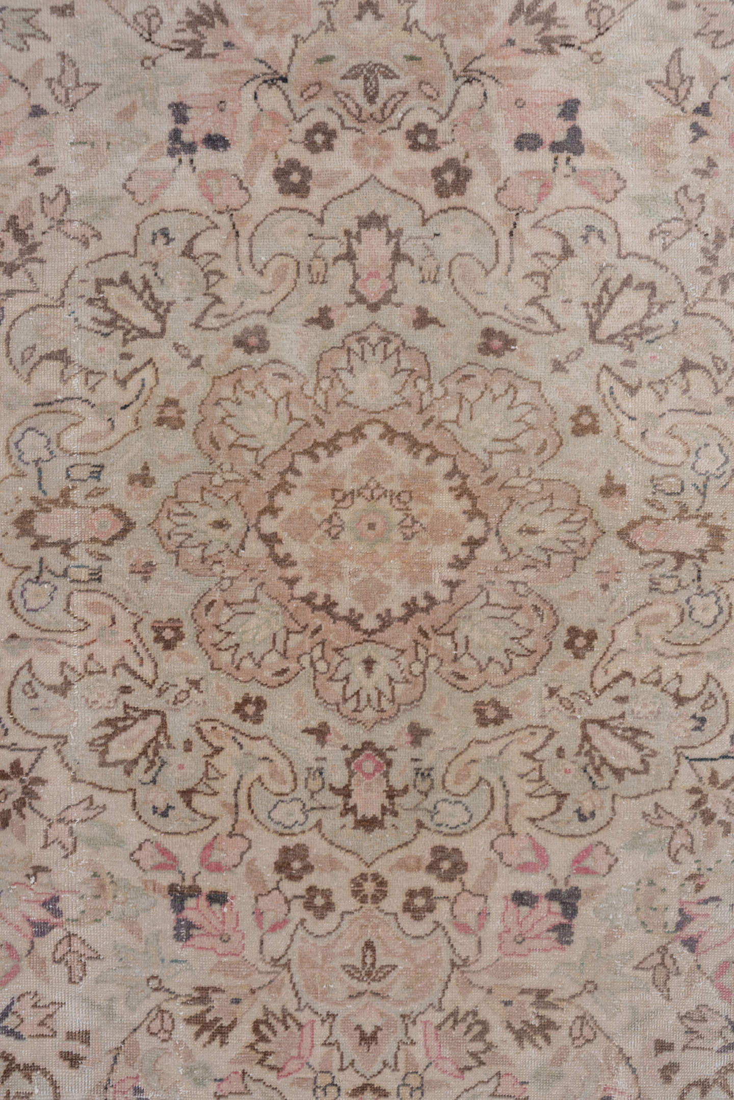 4' x 6' one-of-a-kind handmade vintage Kaisary small size rug. Color palette: ivory, blush, taupe, rose, beige, brown, sage