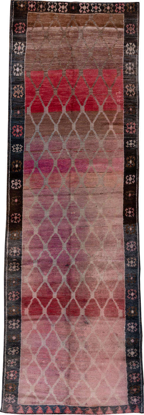 4' x 12' one-of-a-kind handmade vintage Kars runner rug. Color palette: black, blue, brown, gray, pink, red, redwood