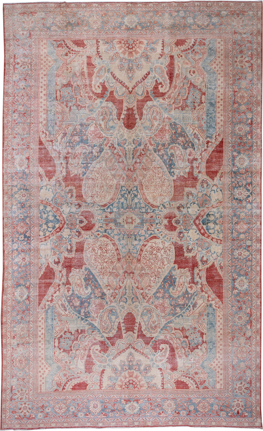 10' x 17' one-of-a-kind handmade antique Mahal rug. Color palette: ivory, powder_blue, rust, blush, sky_blue, rose