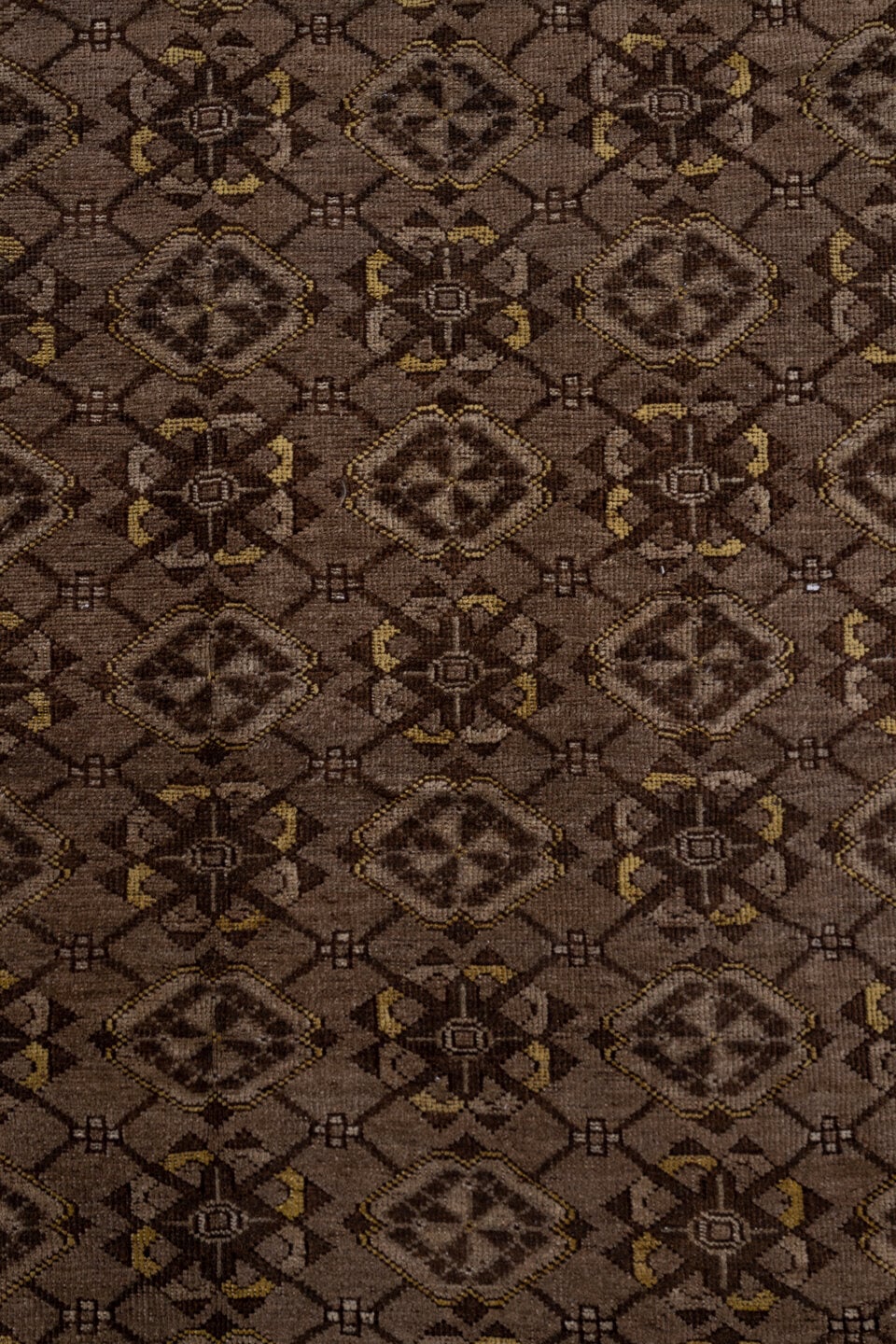 8' x 11' one-of-a-kind handmade antique Afghan large size rug. Color palette: taupe, brown, charcoal, camel, ivory, gold