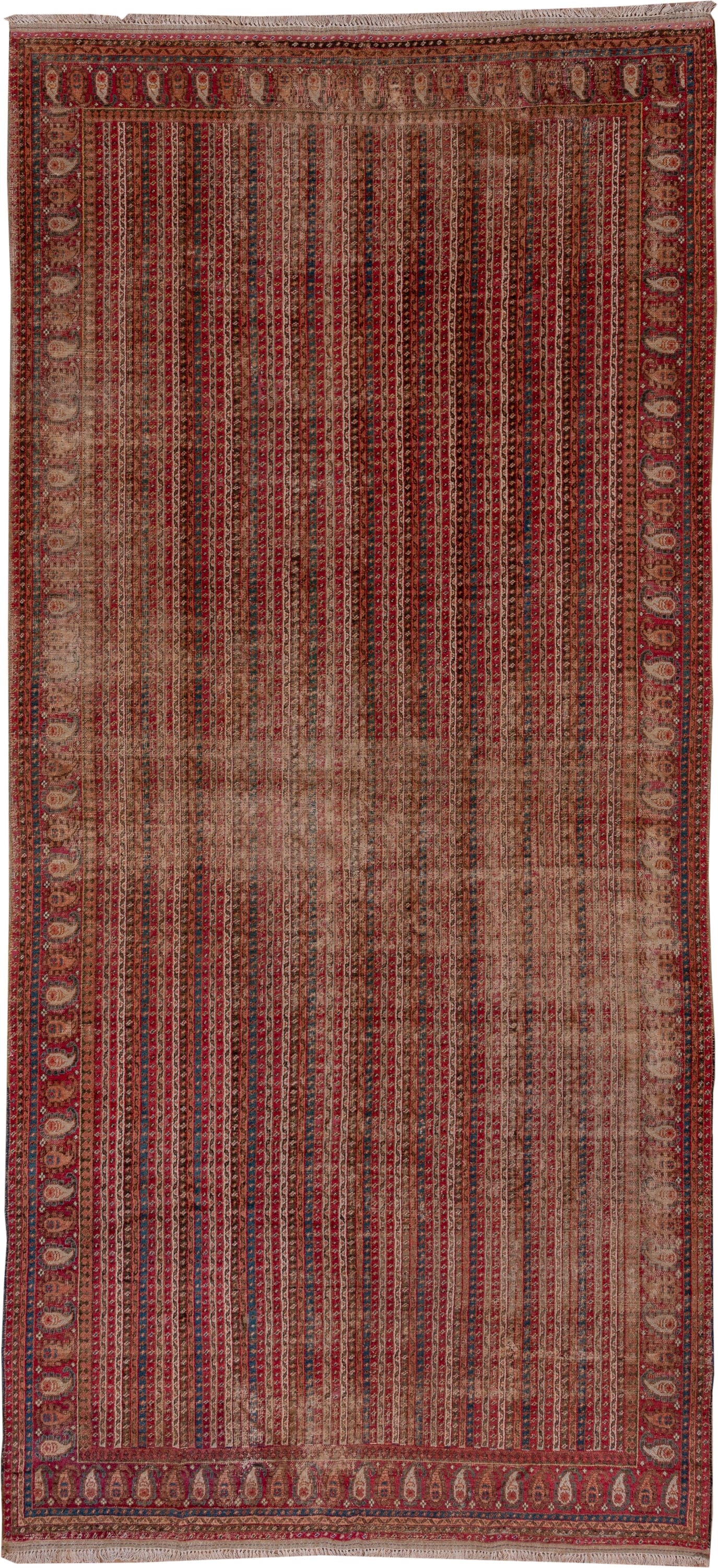 6' x 12' one-of-a-kind handmade antique Ghordes large size rug. Color palette: rust, brick, ivory, navy, rose, taupe