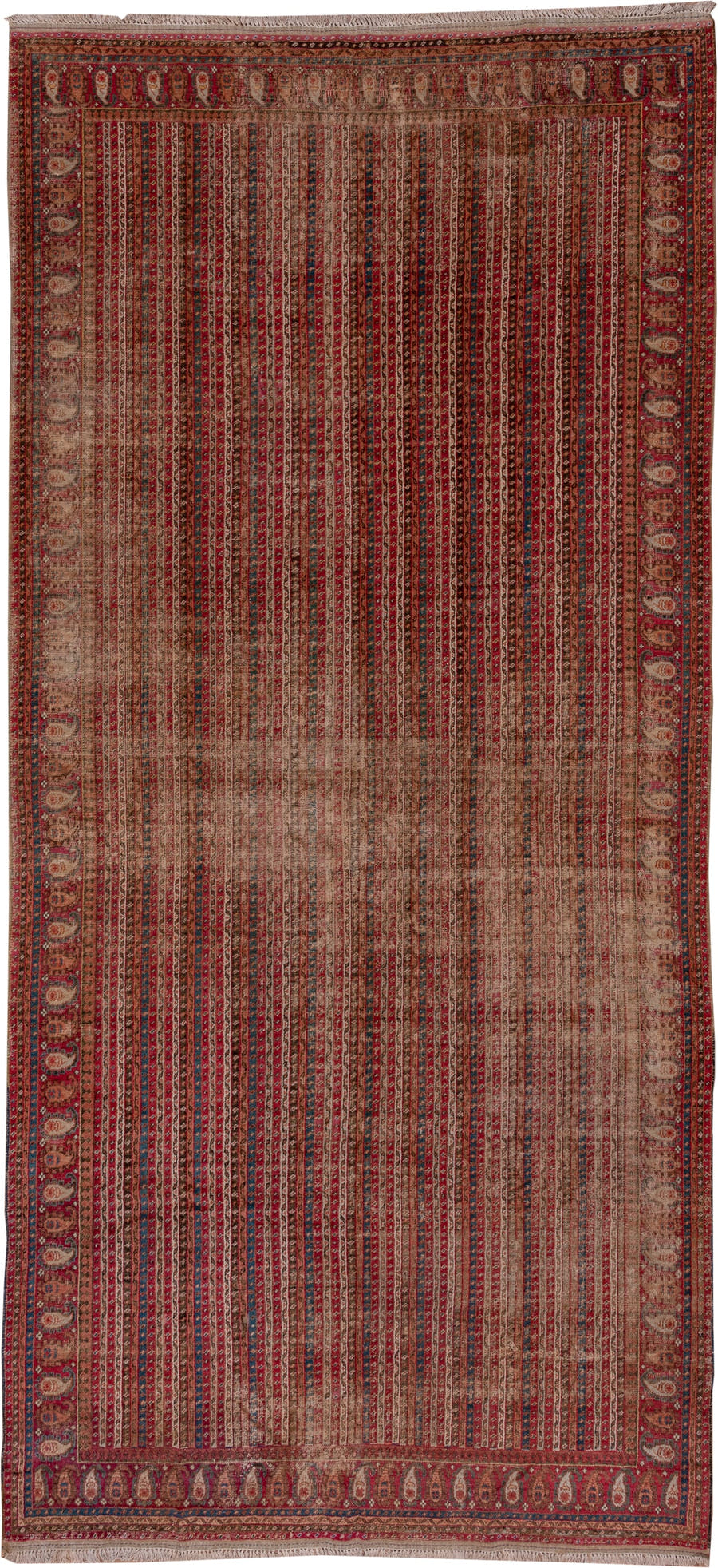 6' x 12' one-of-a-kind handmade antique Ghordes large size rug. Color palette: rust, brick, ivory, navy, rose, taupe